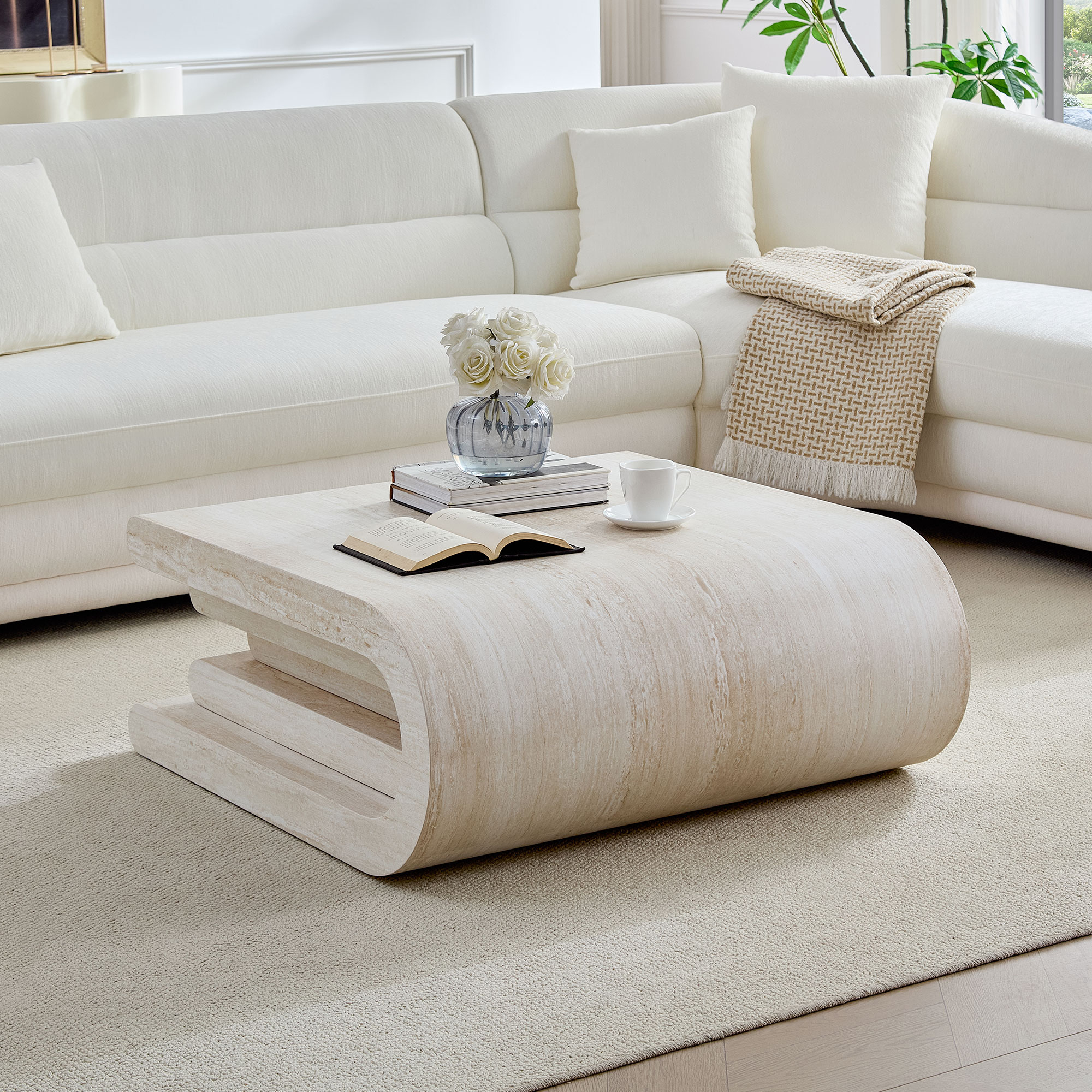 33.86 Inch Square Faux Travertine Pattern Coffee Table for Living Room,MDF Table,Modern Design Irregular Coffee Table with Layered Base for Office,Apartment,No need Assembly — foto 8