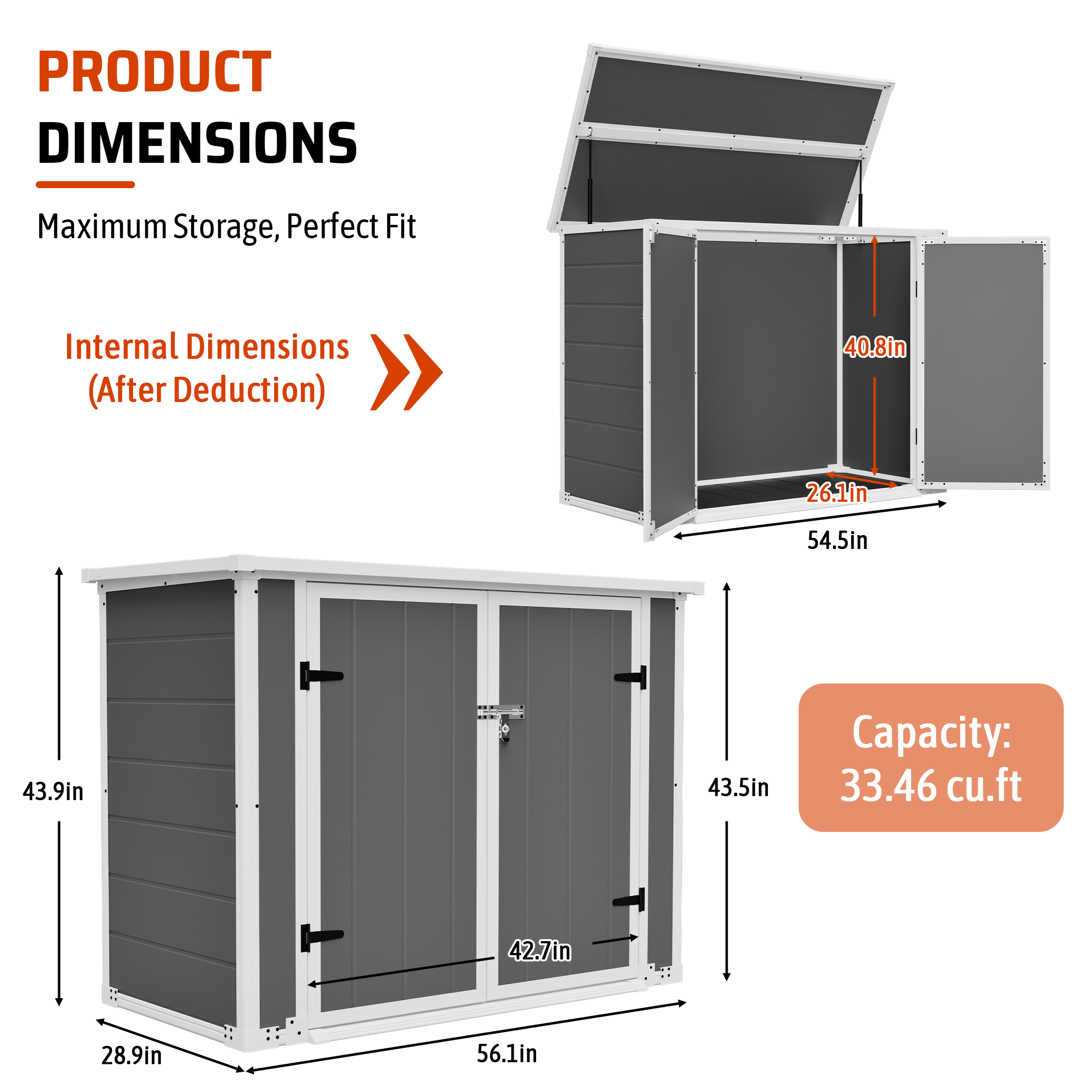 Horizontal Outdoor Storage Shed with Ramp & Hydraulic Lid, Lockable Waterproof Storage Cabinet for Trash Cans, Tools & Firewood