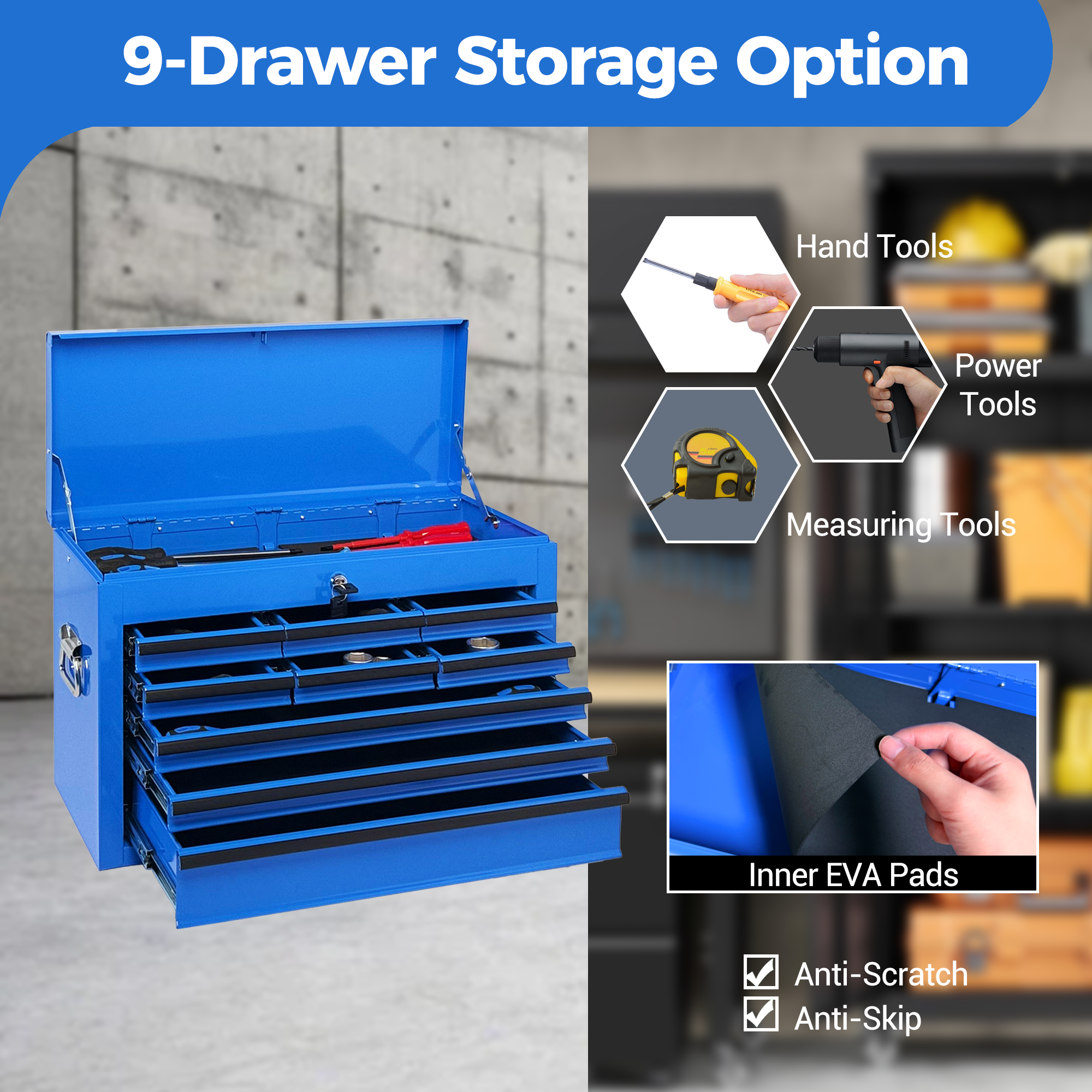 Heavy Duty Metal Tool Box, 24-inch, Portable Metal Tool Box with 9 Drawers, Small Tool Chest with EVA Liners, Ball Bearing Slide Drawers Locking & Powder Coated Finish, Multi-Function Tool Organizer — foto 4