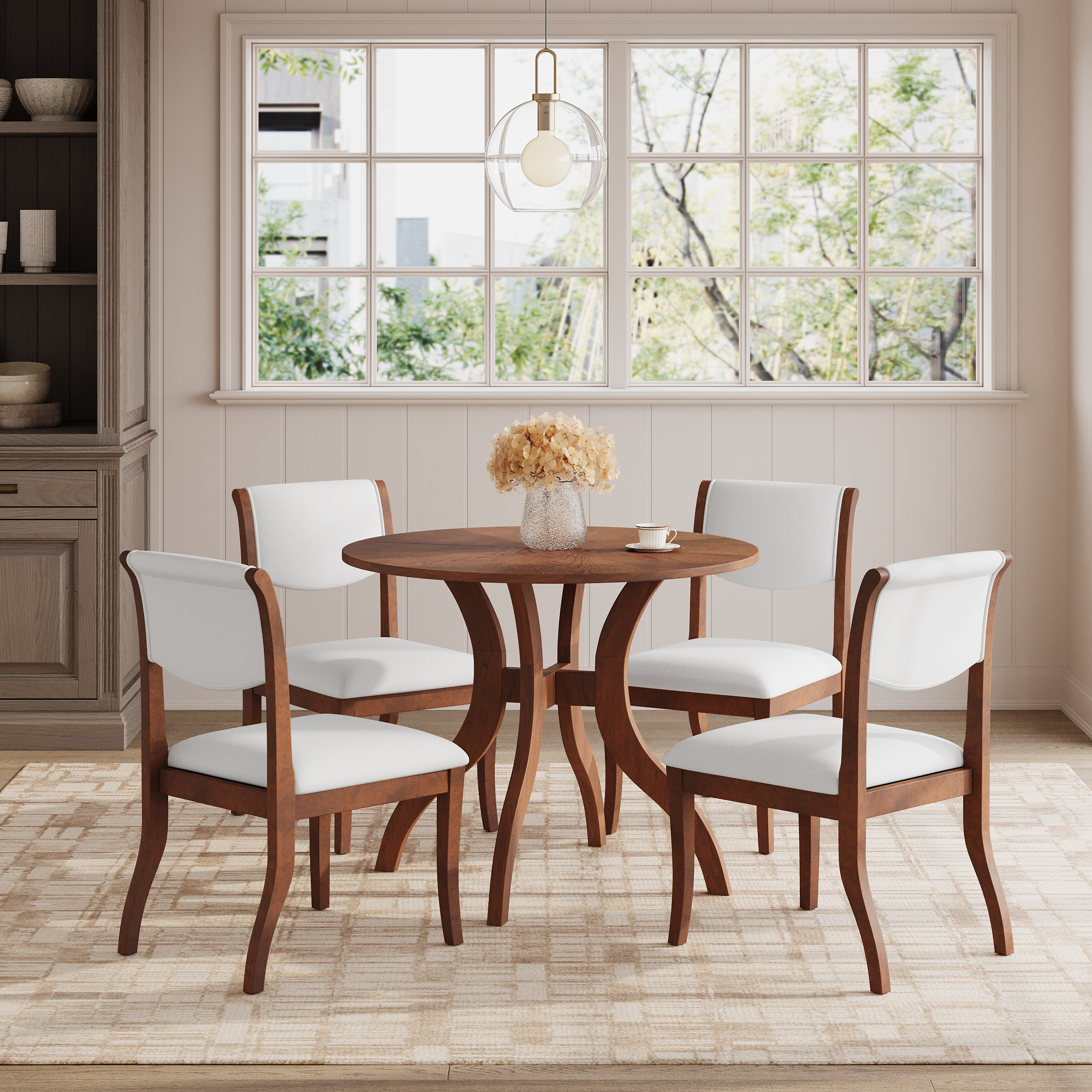 Walnut Dining Table Set:39.4" Round Table + 2 Chairs - Traditional Solid Wood Kitchen Set with Inlaid Tabletop, Elegant Curved Legs for Dining Room — foto 4