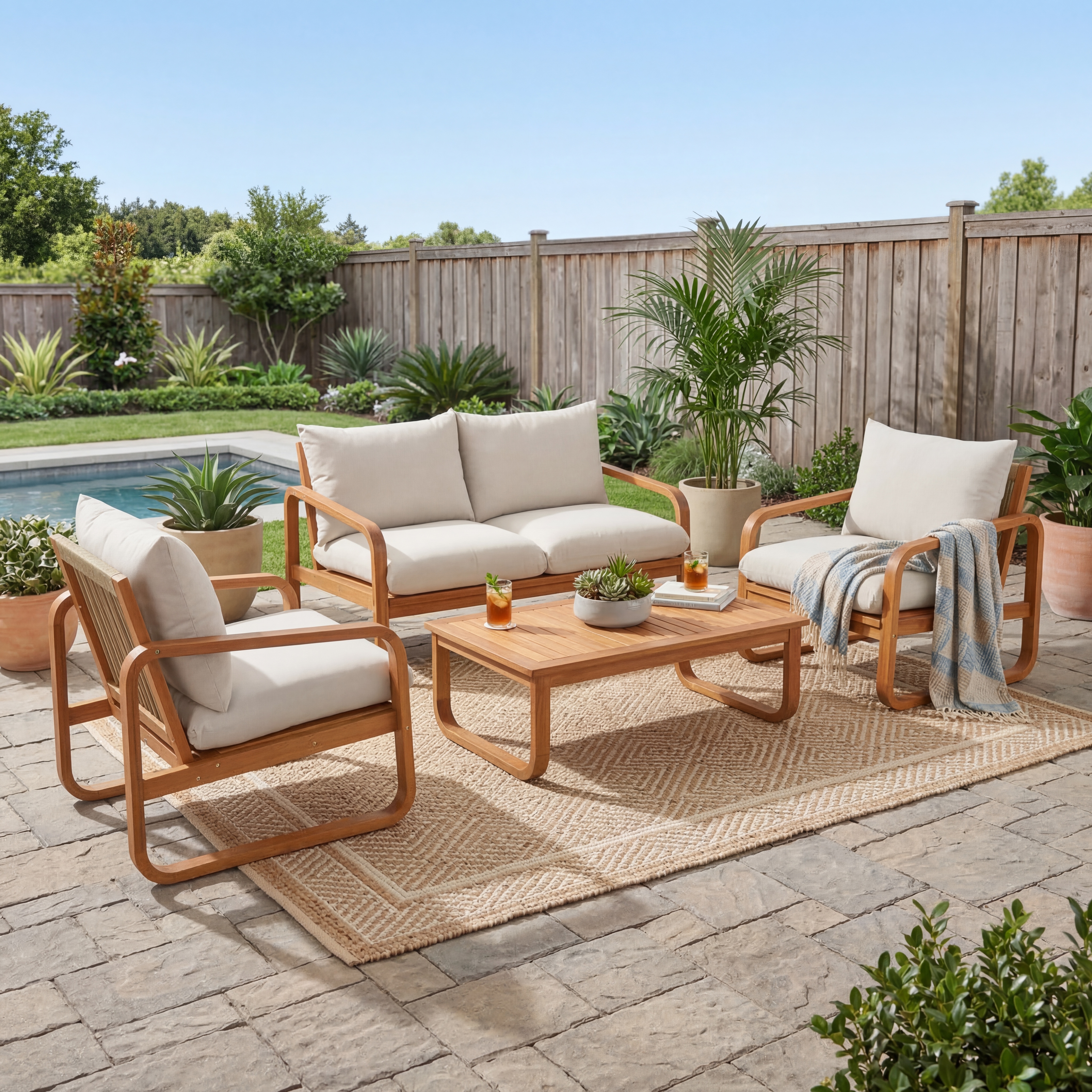 4-Piece Acacia Wood Outdoor Patio Furniture Set with Thick Cushions, Modern Outdoor Seating Set with Loveseat, 2 Single Chairs and Coffee Table, Weather-Resistant Conversation Set for Backyard, Pool — foto 3