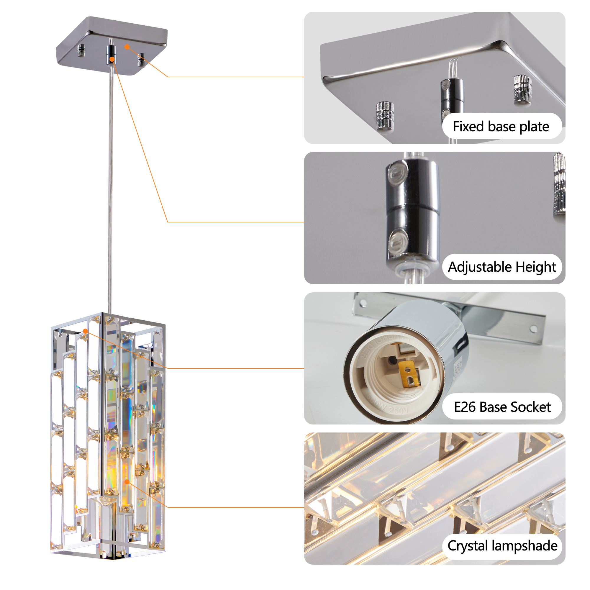 4" Modern Crystal Pendant Light - 3 Pack, Adjustable Hanging Ceiling Lamp with Crystal Prism Design for Dining Room, Kitchen Island, and Living Room -Chrome Finish — foto 5