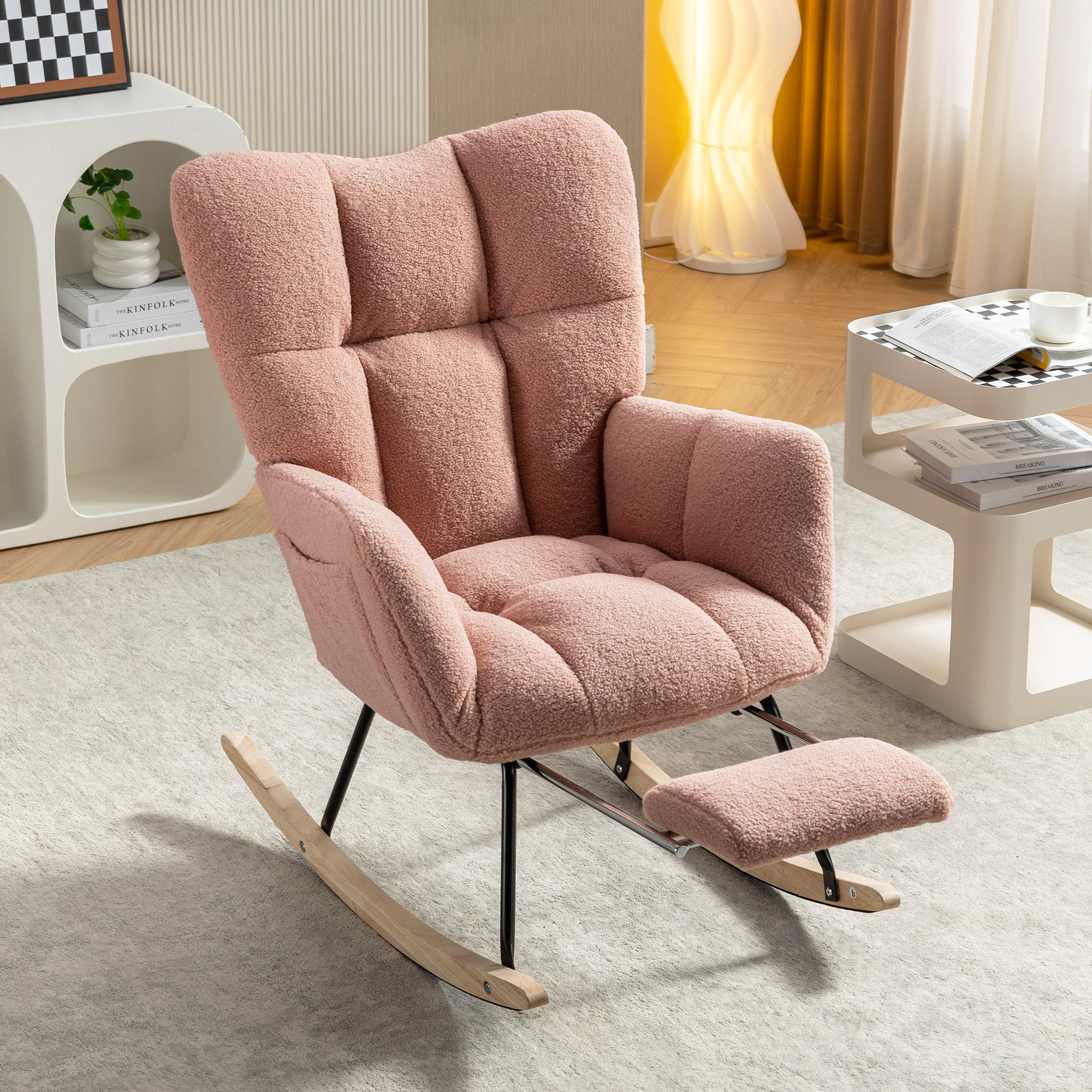 067-Teddy Fabric Leisure Rocking Chair With Adjustable Footstool,Nursery Rocking Chair, High Backrest, Storage Pocket On The Right Side,The Base Rocker Is Solid Wood And Metal,Pink