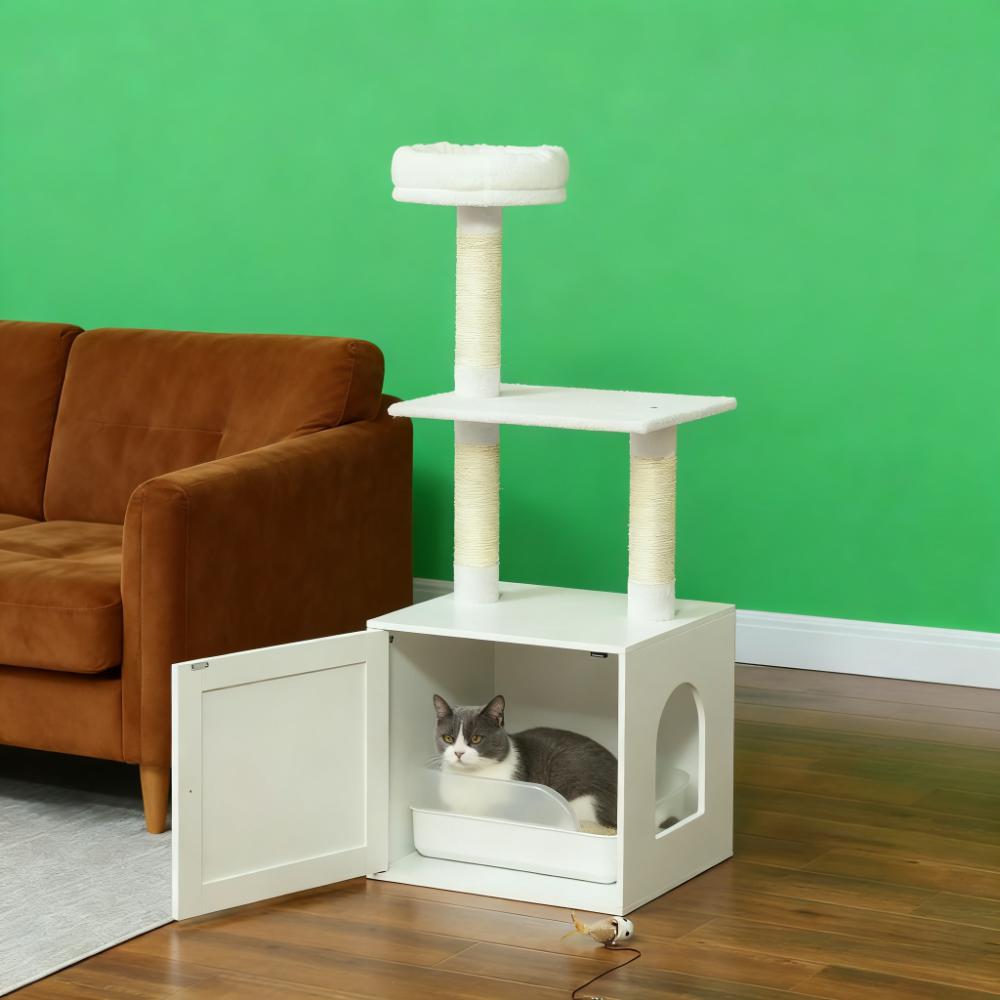 White Cat Tree with Litter Box Enclosure