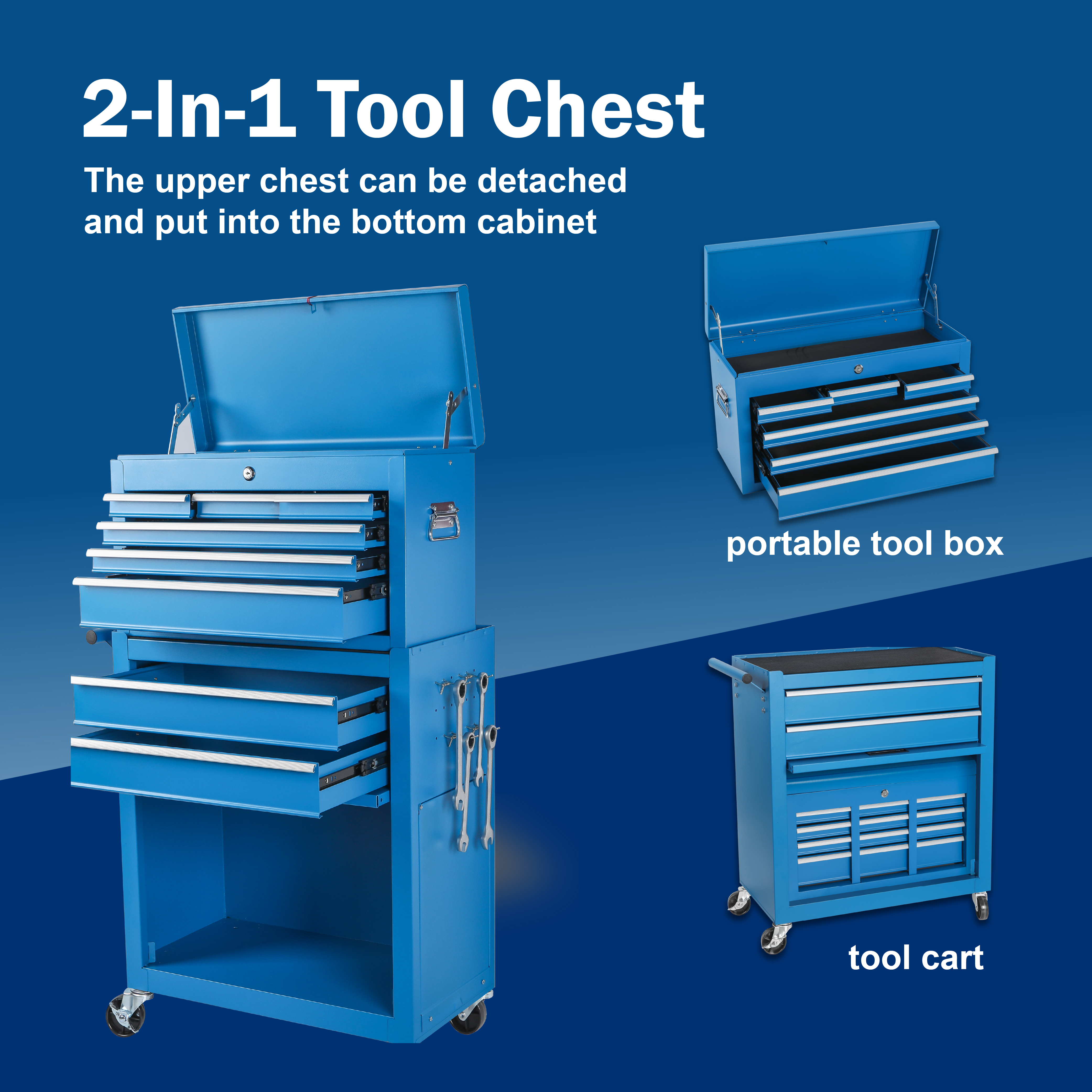 Tool Chest, 8-Drawer Rolling Tool Storage Cabinet with 2 in 1 Detachable Top Tool Box, Liner, Lockable Wheels, Side Hooks, Metal Tool Cart for Garage — foto 4