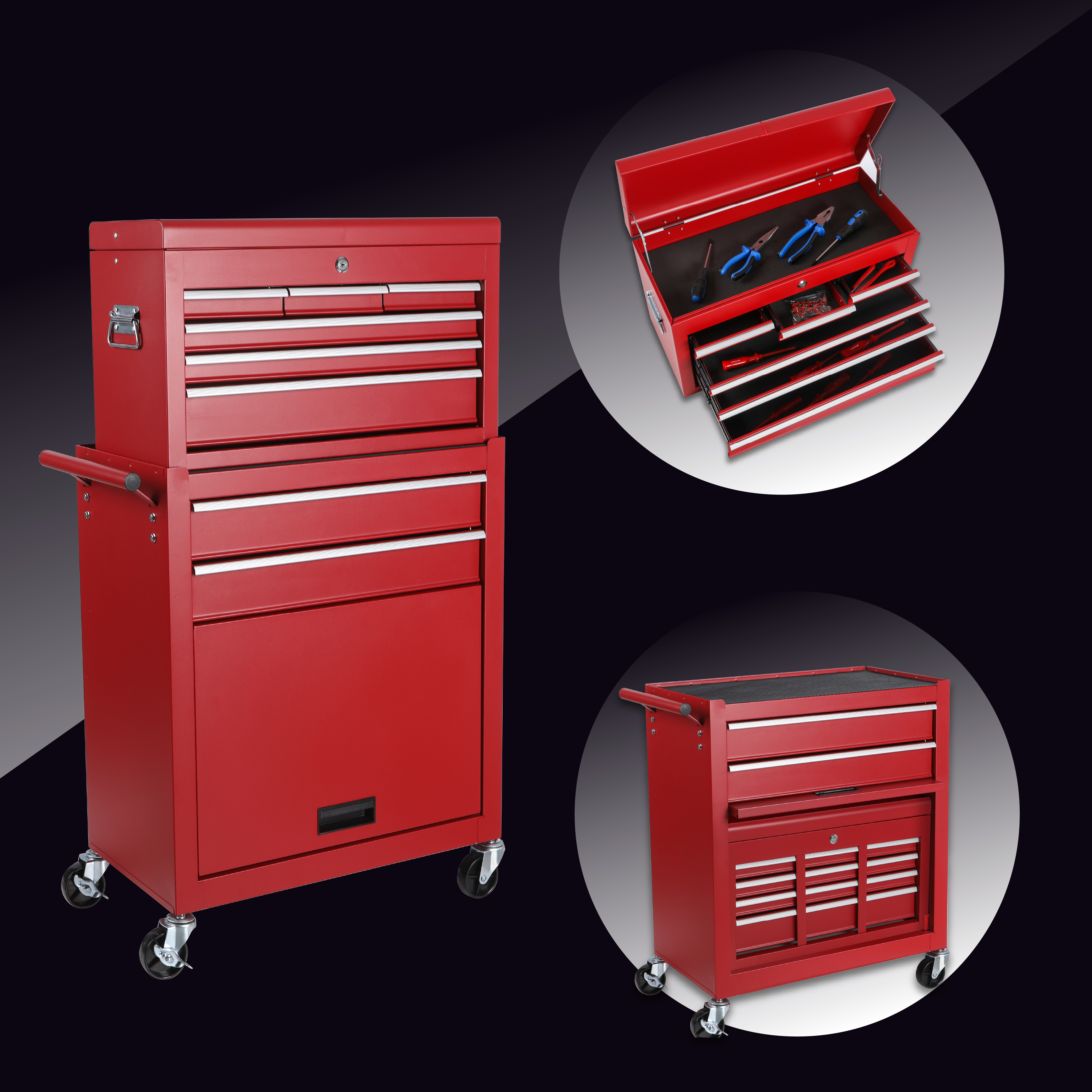 Tool Chest, 8-Drawer Rolling Tool Storage Cabinet with 2 in 1 Detachable Top Tool Box, Liner, Lockable Wheels, Side Hooks,Metal Tool Cart for Garage — foto 7