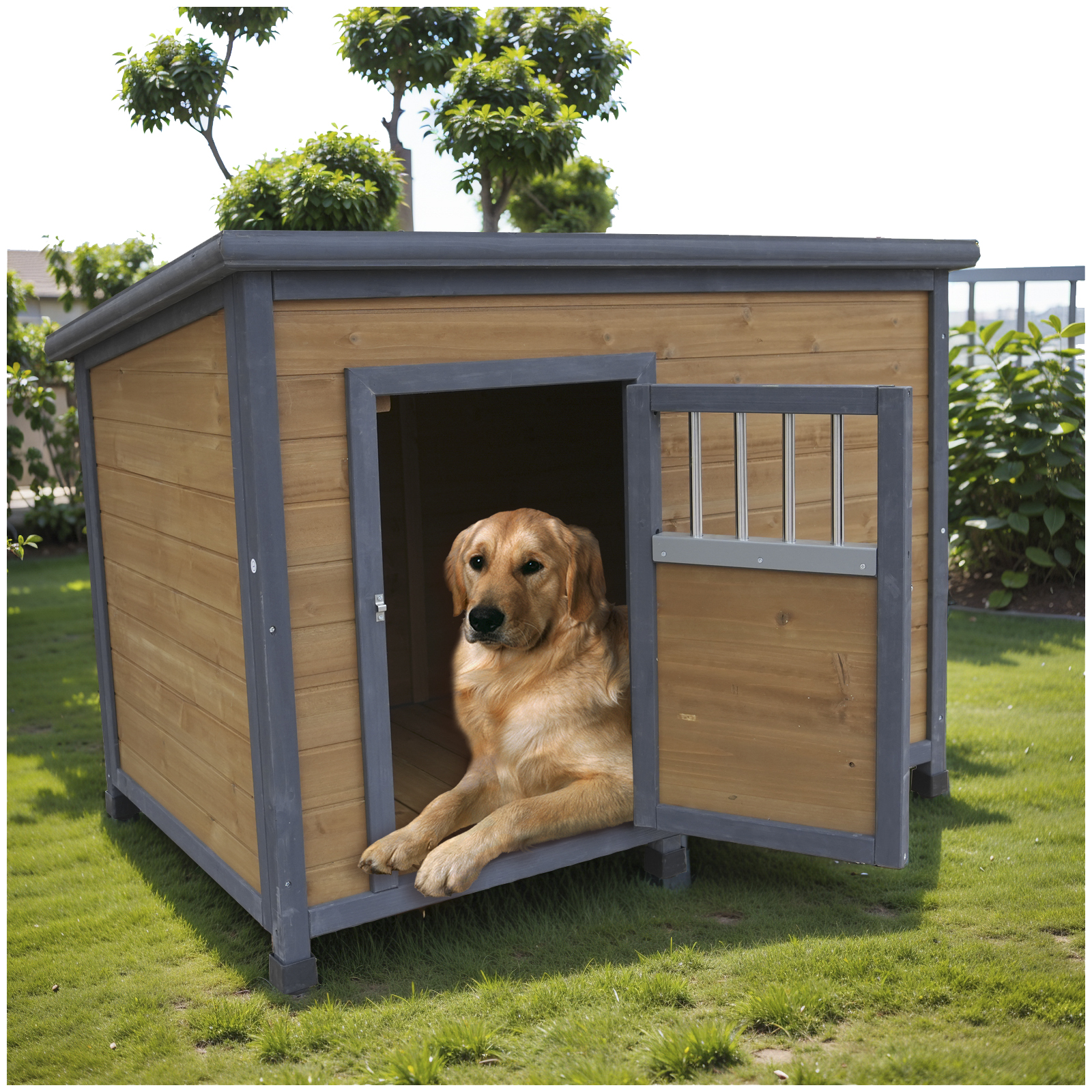 45"large solid wood dog house, waterproof PVC plastic roof, breathable wooden doors — foto 4