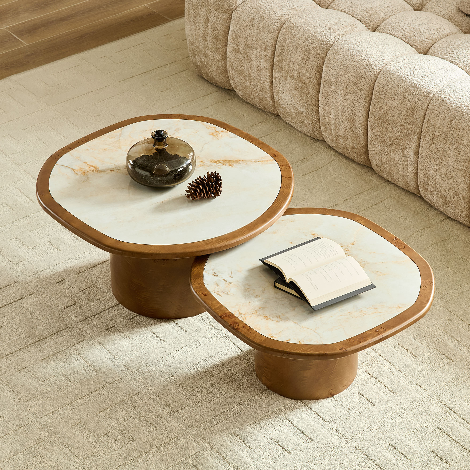 Irregular Coffee Table set, 2pcs burl Wood Veneer Coffee Table,Sintered Stone Tabletop Table with Sturdy MDF Pedestal, Rounded Sofa Side Table for living Room,Office — foto 7