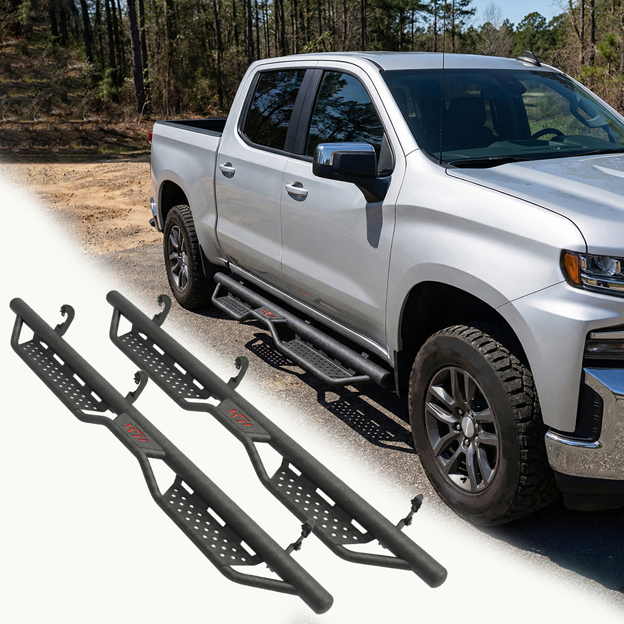 Two Stairs Running Board Compatible with 2007-2018 Chevy Silverado GMC Sierra 1500; 2007-2019 2500 HD 3500HD; 2019 LD/Limited  Crew Cab Drop Step Side Step Nerf Bars