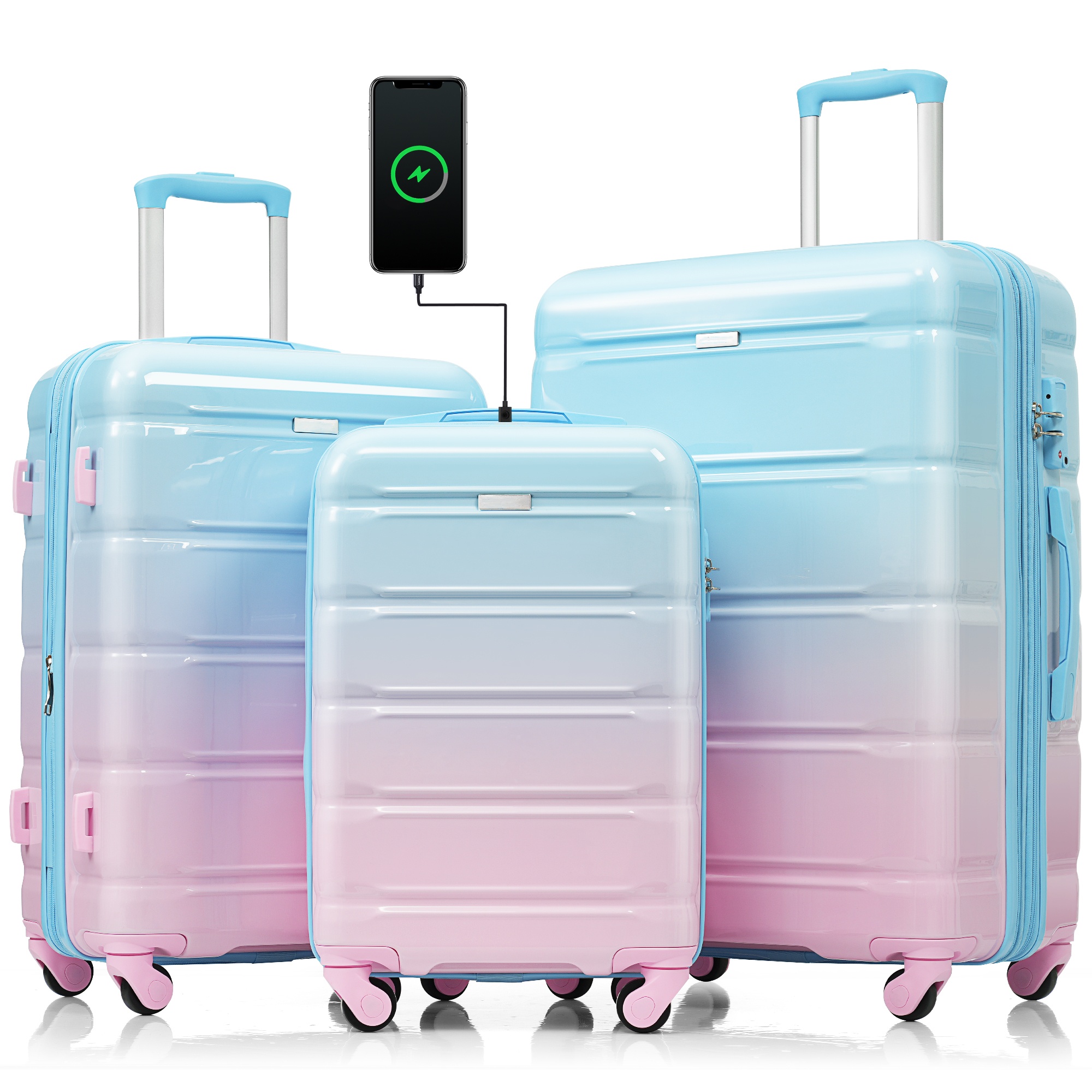 Luggage Set of 3, 20-inch with USB Port, Airline Certified Carry-on Luggage , ABS+PC Hard Shell Luggage with Spinner Wheels, light blue and pink 3