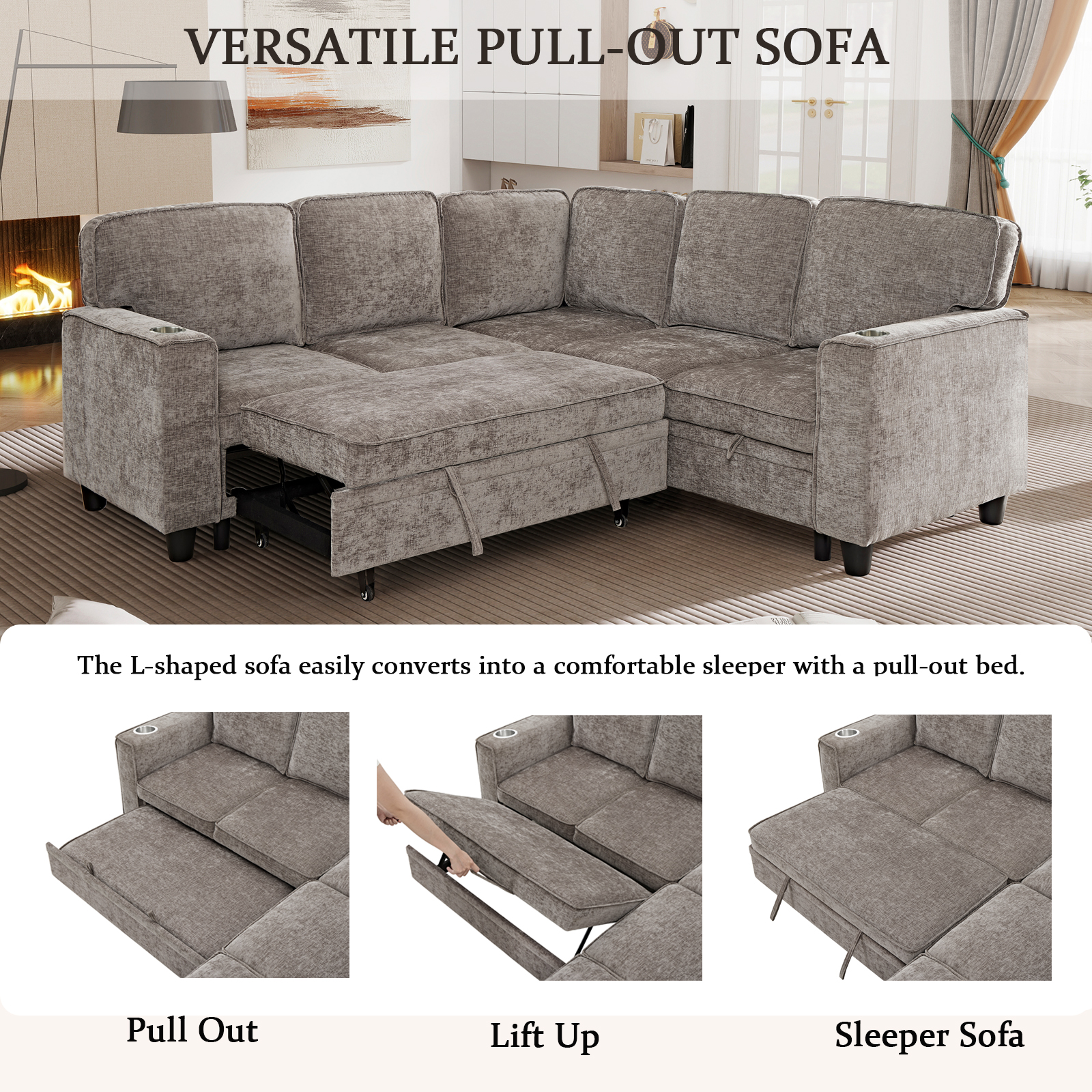 L-Shaped Sofa with Pull Out Sofa Bed, Sleeper Sofa Couch Bed with Storage Seat, 5 Seat Sectional Sofa Bed with USB, Sectional Sofa Couch for Living Room, Apartment, Light Brown — foto 7