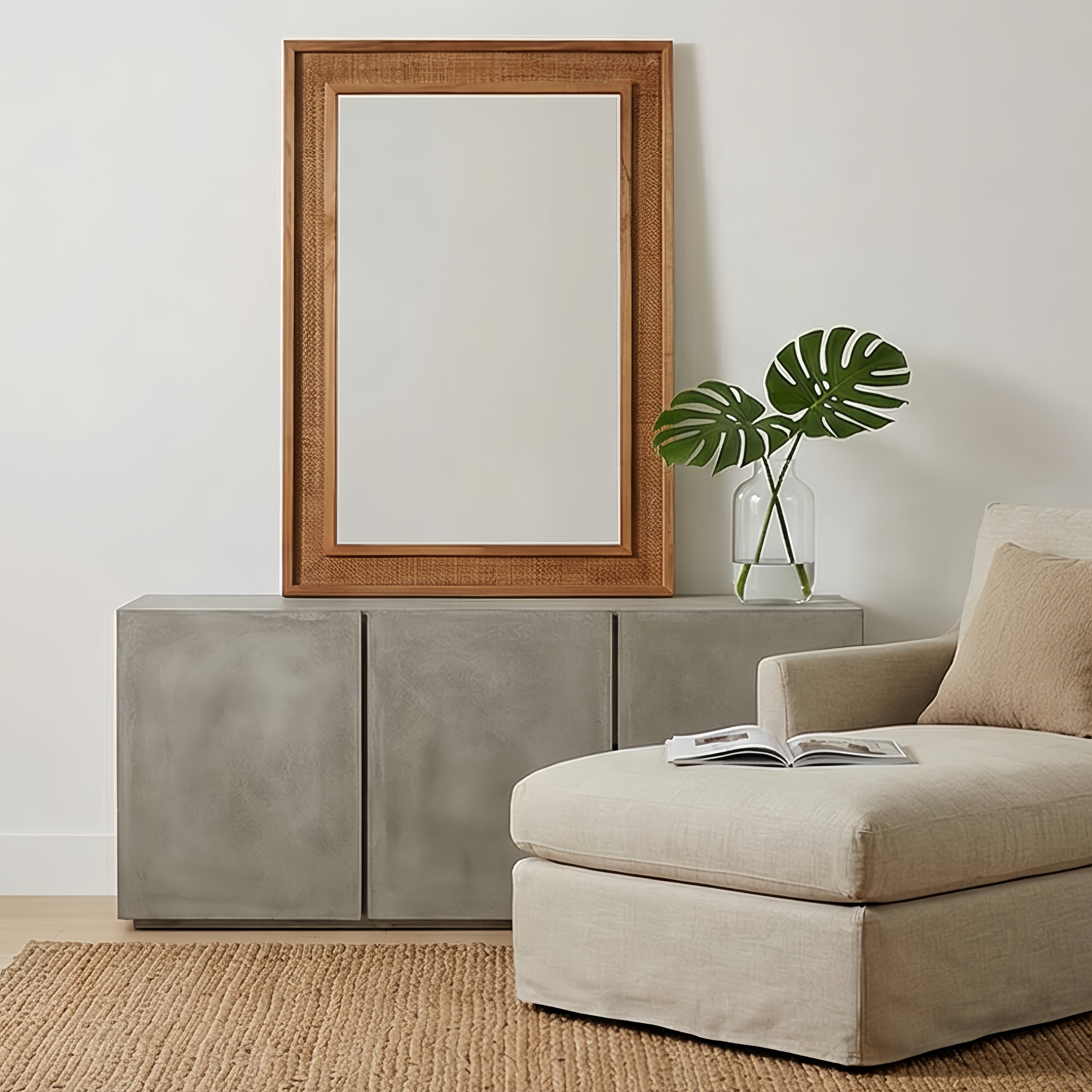 Yellowish Brown 24"x36" Rattan Rectangle Solid Wood Frame Decorative Mirror,For Farmhouse,Bathroom,Home Decor,Entryway — foto 2