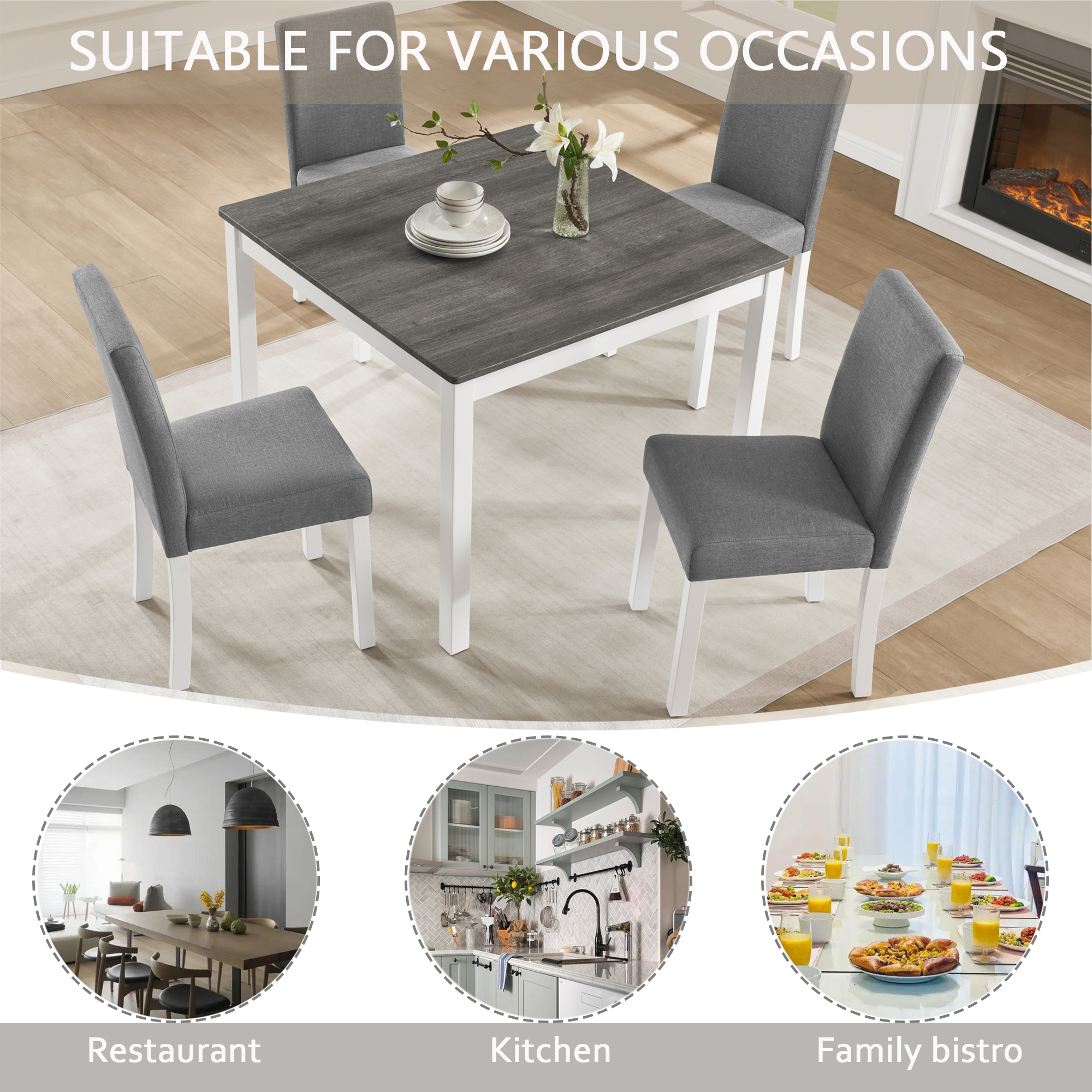 5-Piece Dining Table Set with 4 Chairs, Dining Table Set for 4 with Chairs, Wooden Dining Table Set for Kitchen, Dining Room, Grey & White Two Tone — foto 3