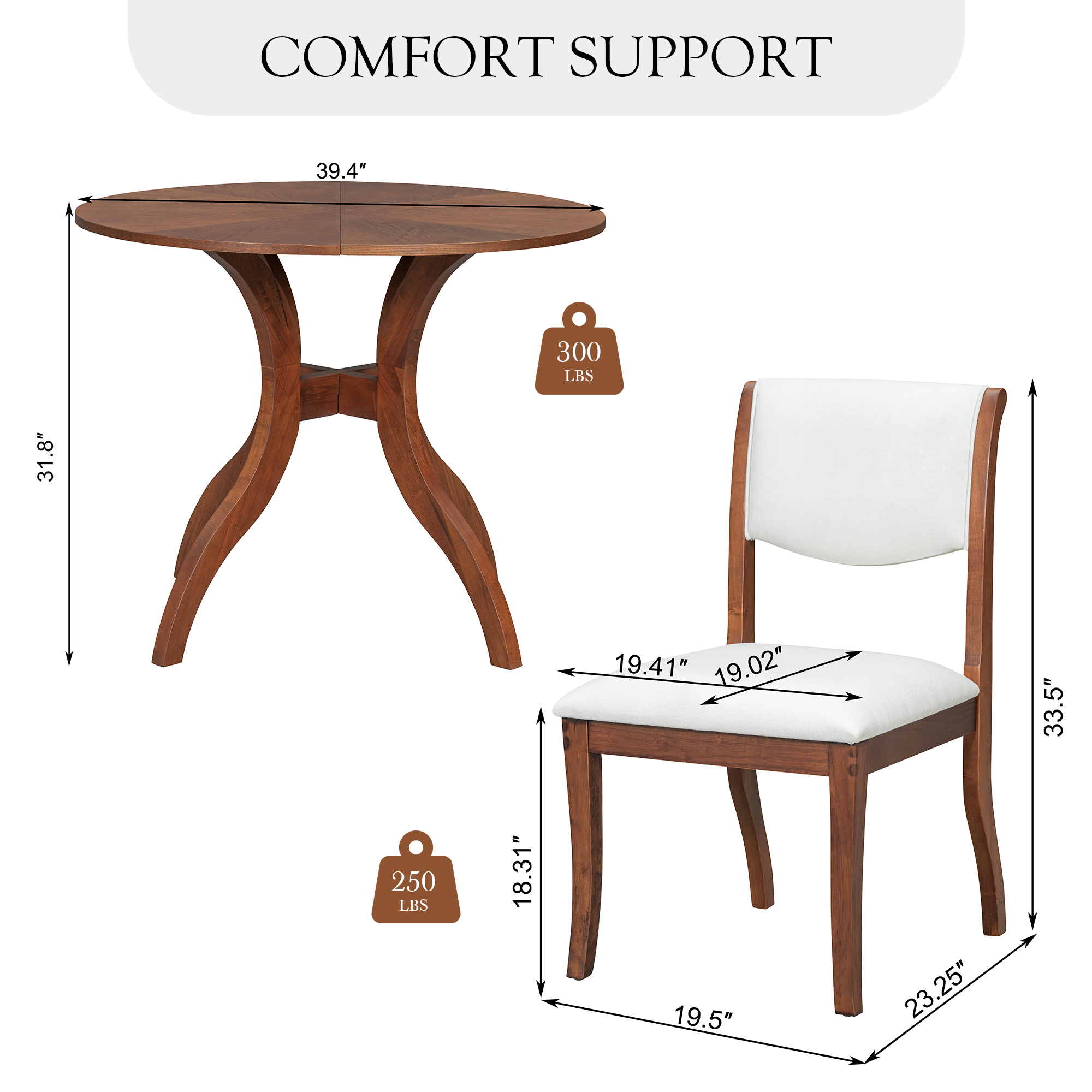 Walnut Dining Table Set:39.4" Round Table + 2 Chairs - Traditional Solid Wood Kitchen Set with Inlaid Tabletop, Elegant Curved Legs for Dining Room — foto 6