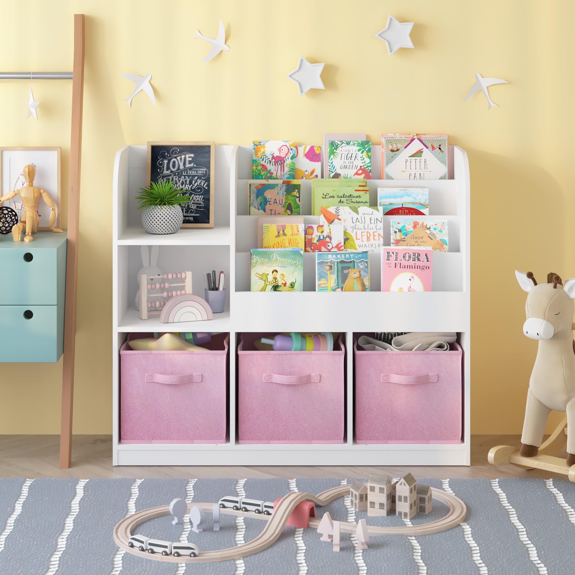 Kids Bookcase and Bookshelf, Multifunctional Bookcase with 3 Collapsible Fabric Drawers, Bookcase Display Stand, Toy Storage Organizer for Bedroom, Playroom, Hallway (White/Pink) — foto 2