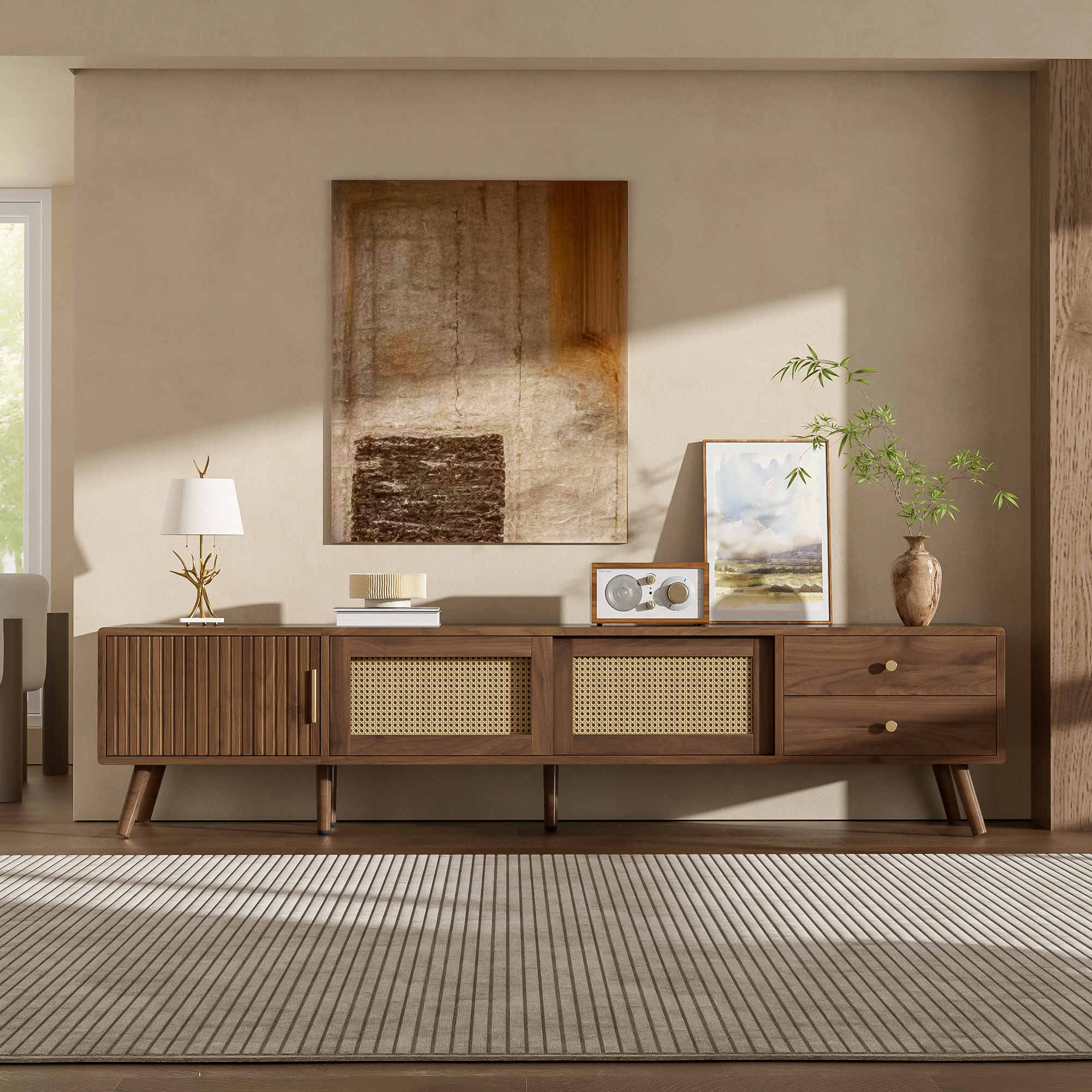 76" Modern Rattan Doors TV Stand for TVs up to 85 Inches, Wood-Grain Entertainment Center with Storage Cabinets, TV Media Console Table for Living Room, Bedroom — foto 7
