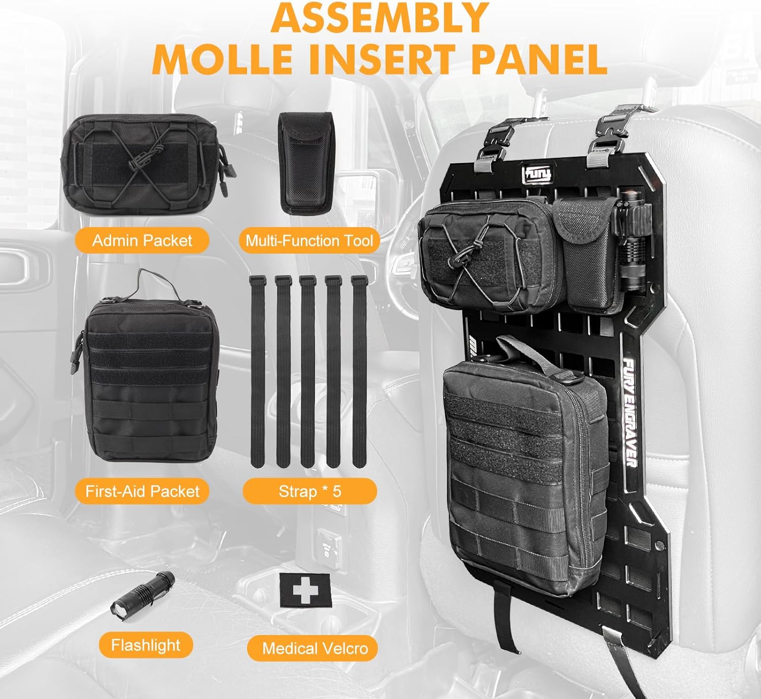 17515 Rigid Molle Panels For Vehicles Truck Mount Rack Panel Tactical Seat Back Organizer with 2 Organizer Storage Bag, 1 Multi-tool Pliers, 1 Flashlight and 5 Fastening Tape — foto 8