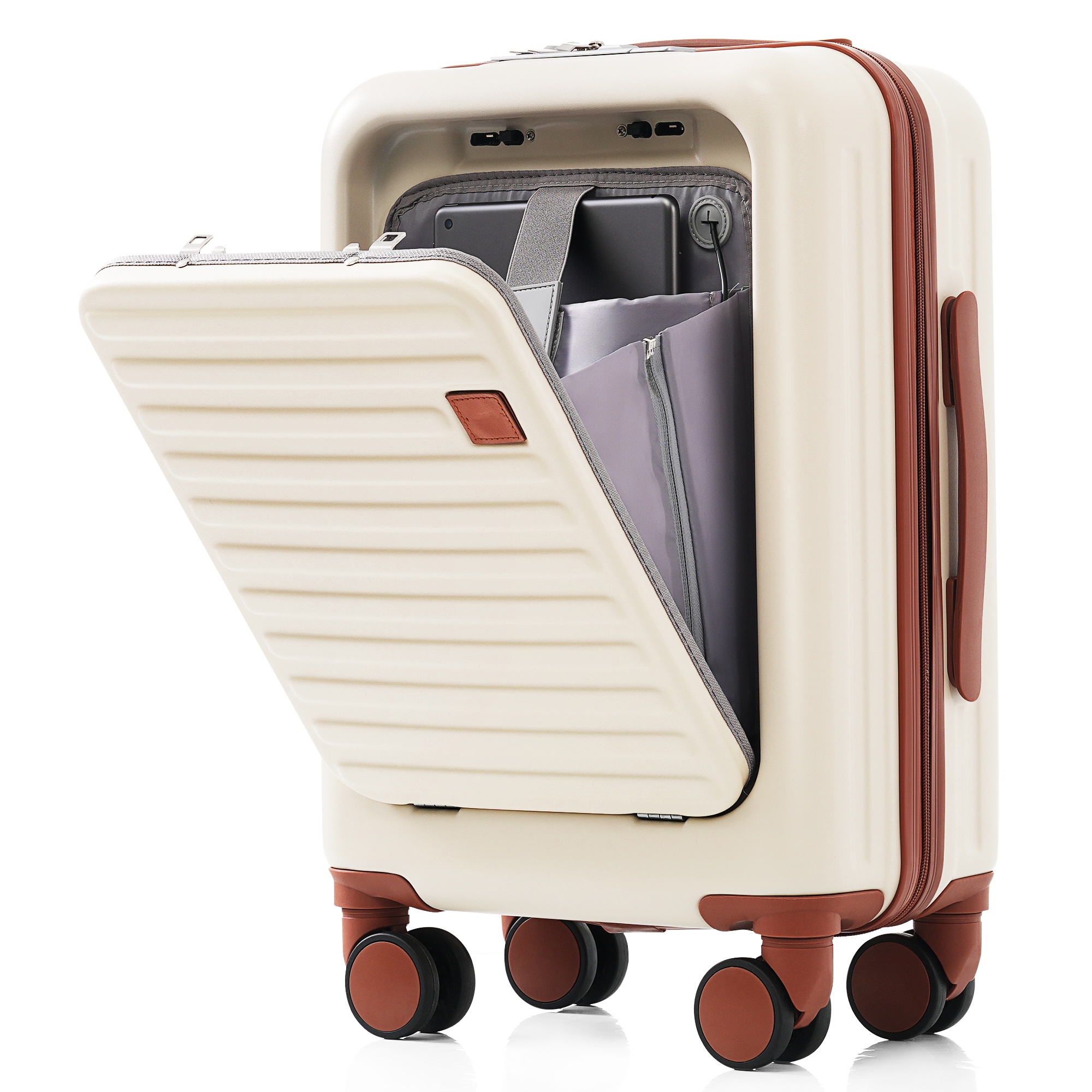 Luggage Set of 3, 20, 24,  28inch with USB Port,  20, 24inch with front opening design Airline Certified Carry on Luggage with Cup Holder, ABS Hard Shell Luggage with Spinner Wheels, ivory and brown — foto 2