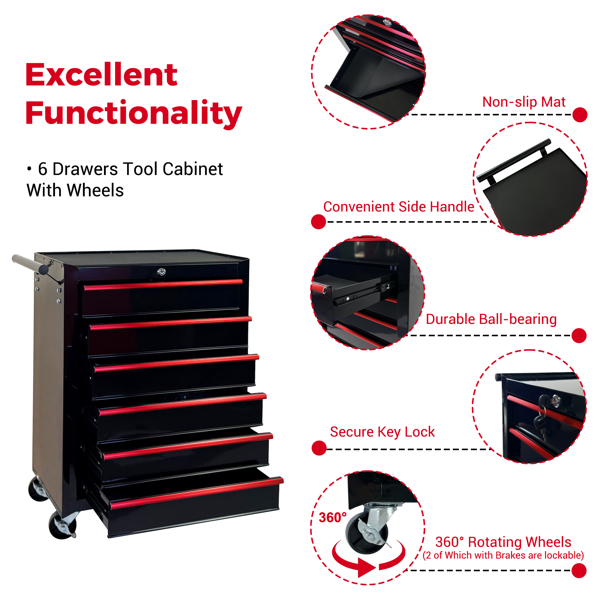 Rolling Metal Tool Chest with 6 Drawers, 20" 6-Drawer Tool Chest Cabinet with Ball Bearing Drawer Slides, Steel Tool Storage Box Organizer -BLACK