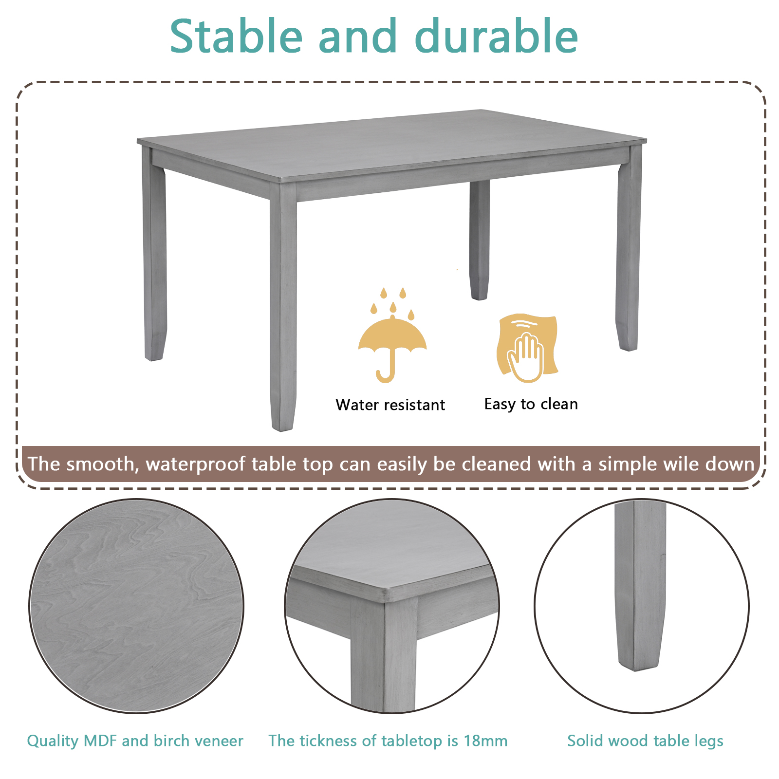 Wooden Dining Rectangular Table, Kitchen Table for Small Space, 4 Person Dining Table, Gray ONLY THE TABLE 4