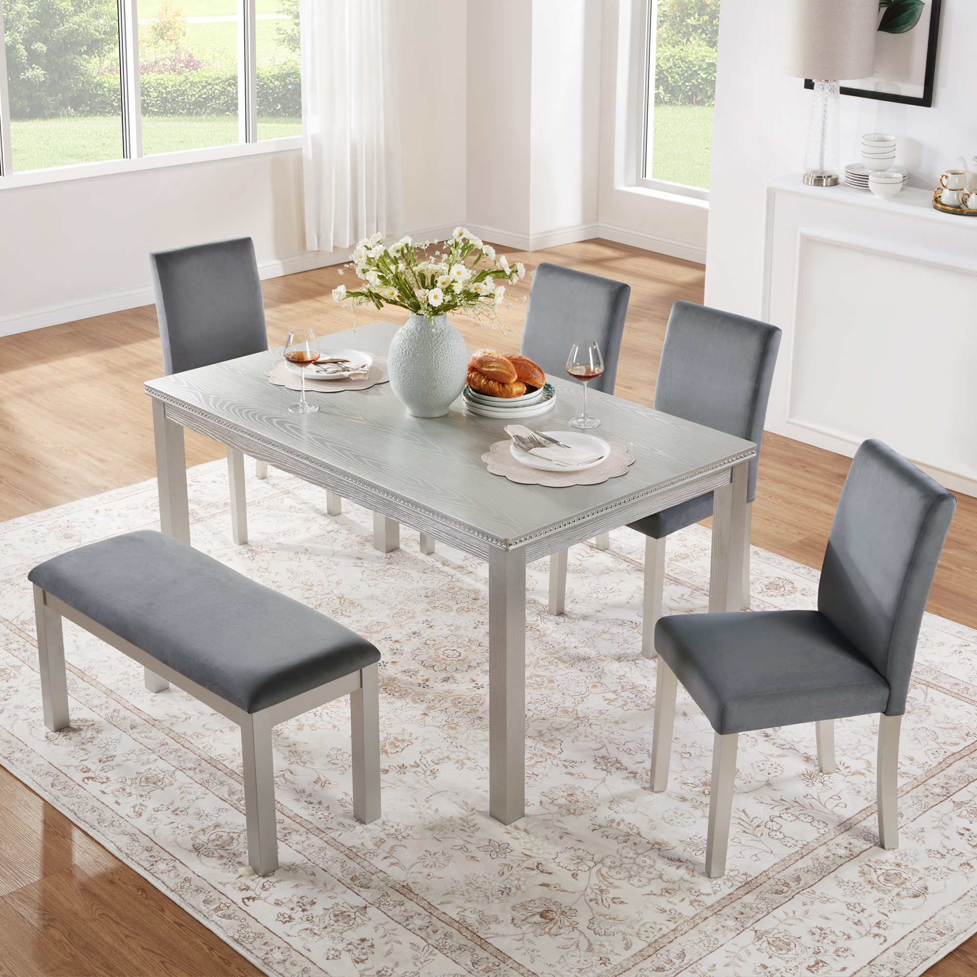 6 Piece Wooden Dining Table Set, Wooden Dining Table with 4 Upholstered Chairs and Bench for 6 People, Rectangular Dining Table Set with Crystal Decoration for Kitchen, Dining Room, Silver grey — foto 7