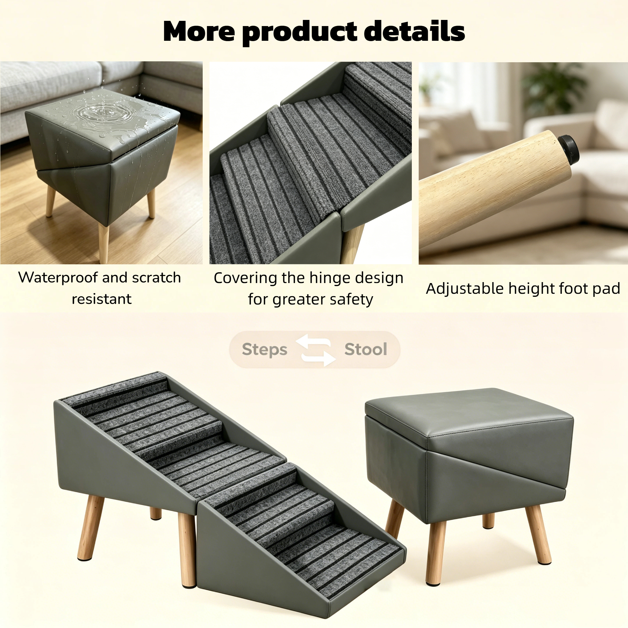 2-in-1 Dog Stairs for Bed and Couch 19.69" Foldable Dog Ramp for Couch 4 Pet Steps  & Ottoman for Small Dogs, Grey — foto 8