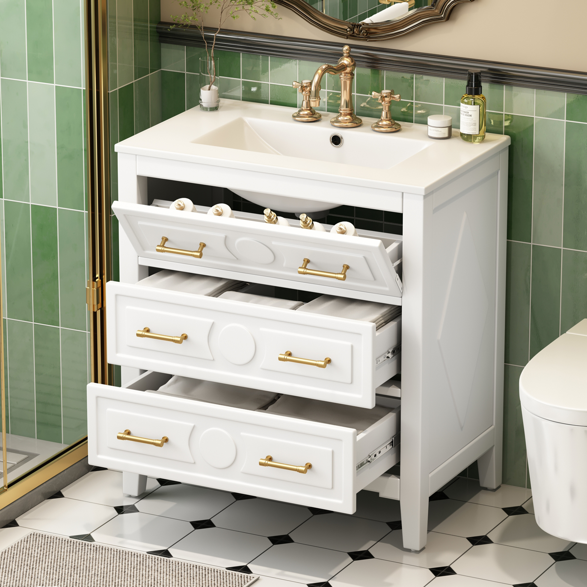 30'' Bathroom Vanity with Ceramic Sink Combo, Free Standing Single Vanity Set with 3 Drawers, Solid Wood Frame Bathroom Storage Cabinet, White — foto 5
