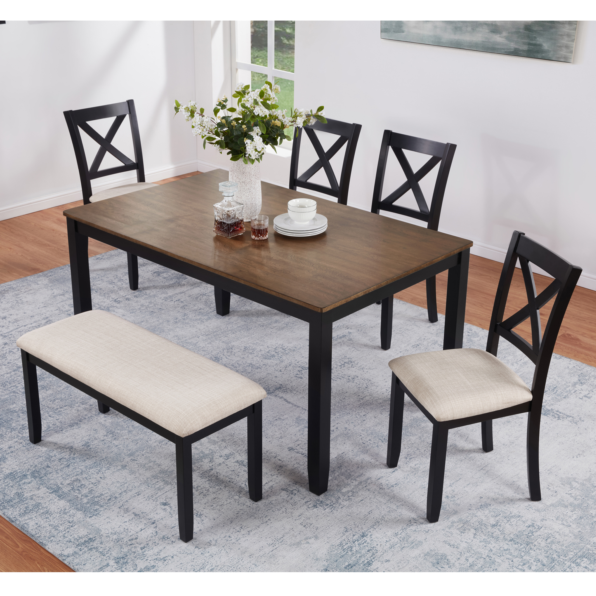 6-Piece Dining Table Set with Bench, Classic Wooden Dining Table Set for 6, Timeless Farmhouse 6-Person Dining Table Set for Dining room, Kitchen, Black & Oak  two tone — foto 4