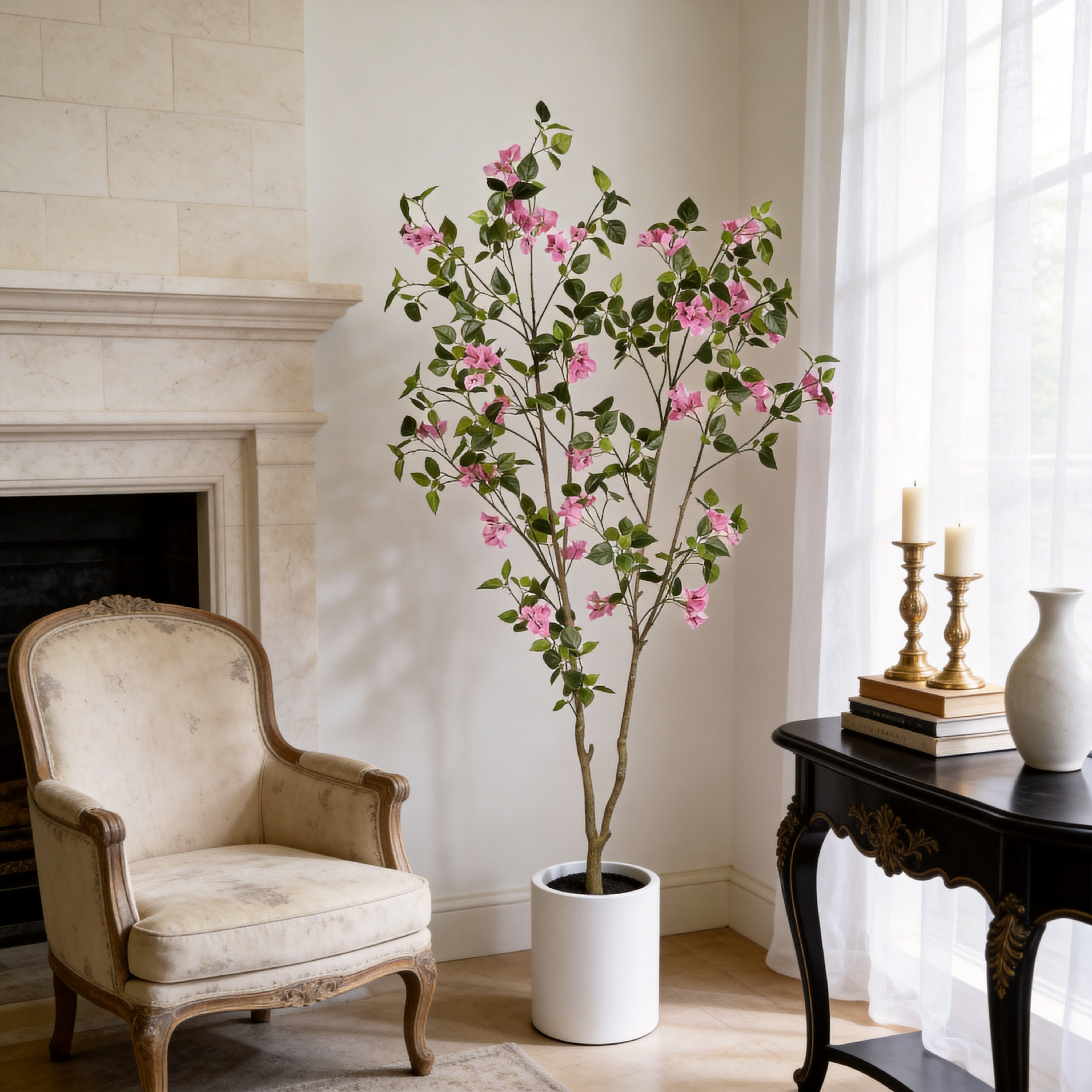 6FT Artificial Bougainvillea Tree with Black Plastic Pot, Realistic Fake Flowering Tree for Indoor Home Office Decor, Potted Faux Plant, 1pc/set