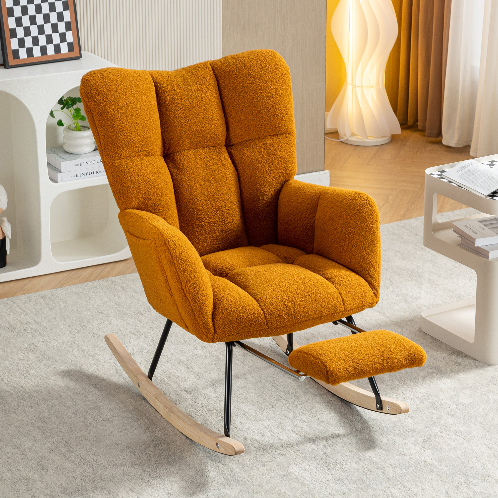 067-Teddy Fabric Leisure Rocking Chair With Adjustable Footstool,Nursery Rocking Chair, High Backrest, Storage Pocket On The Right Side,The Base Rocker Is Solid Wood And Metal,Caramel