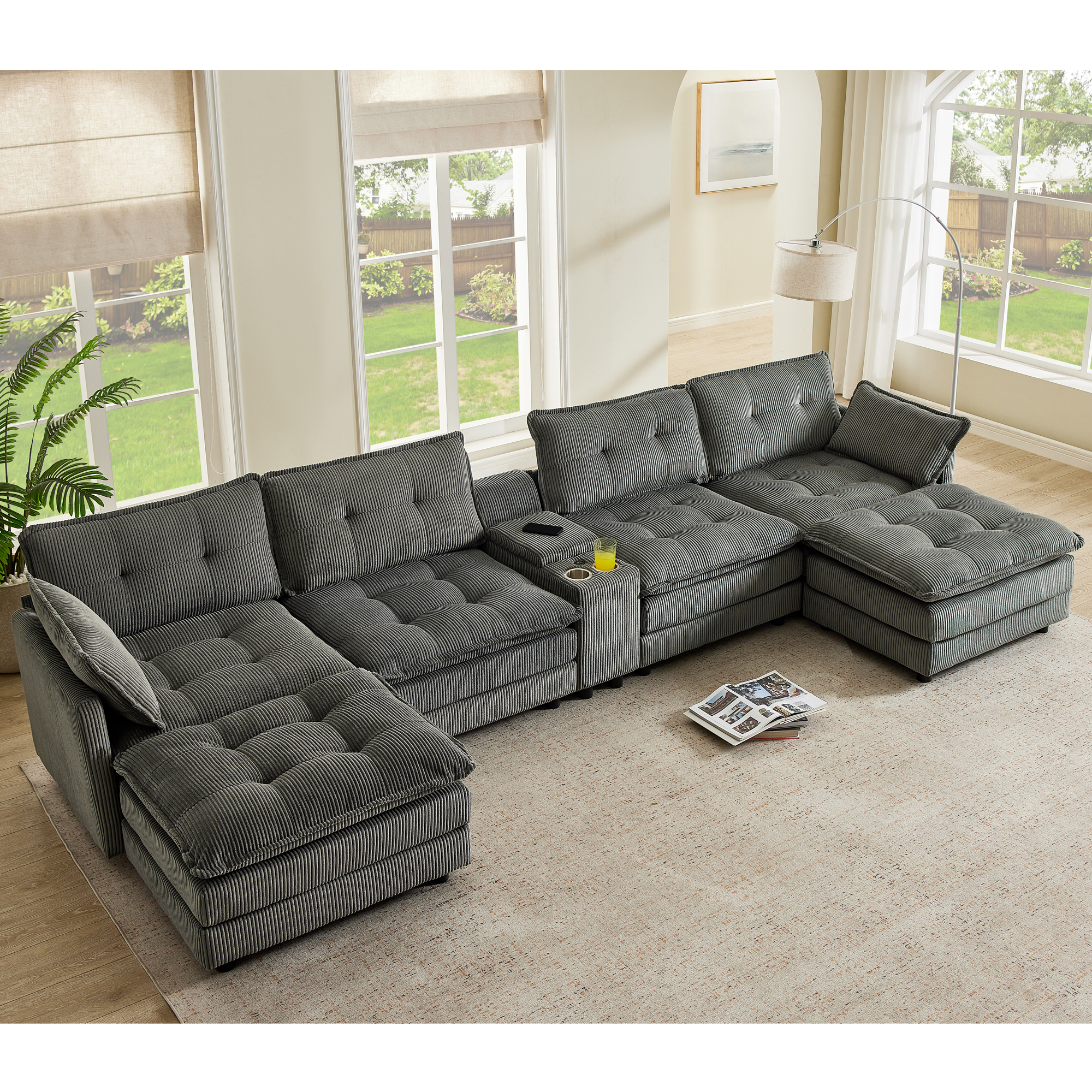 154" Sectional Cloud Sofa Couch with Ottomans, Modular U Shaped Couches for Living Room, Comfy Corduroy Oversized Sectional Modern 6 Seat Deep Seat Sofa Set with Central Console USB Port, Grey — foto 7