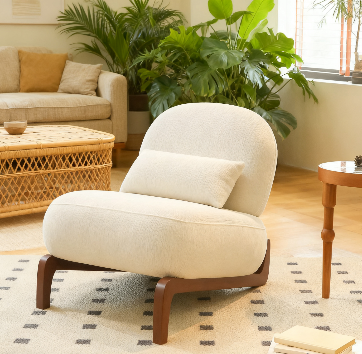 Cute Accent Chair with Solid Wood Legs, Living Room Chair with Soft Fabric Cushion, Cozy Bedroom Chair, Comfy Armless Reading Chair for Apartment, Waiting Room, Balcony (White)