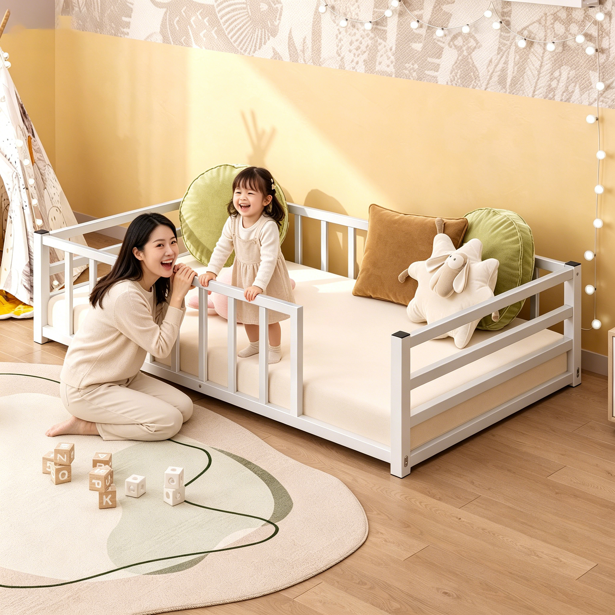 Twin Size Floor Bed, Low Profile Metal Platform with Heavy Duty Guardrails, No Box Spring Needed, White — foto 2