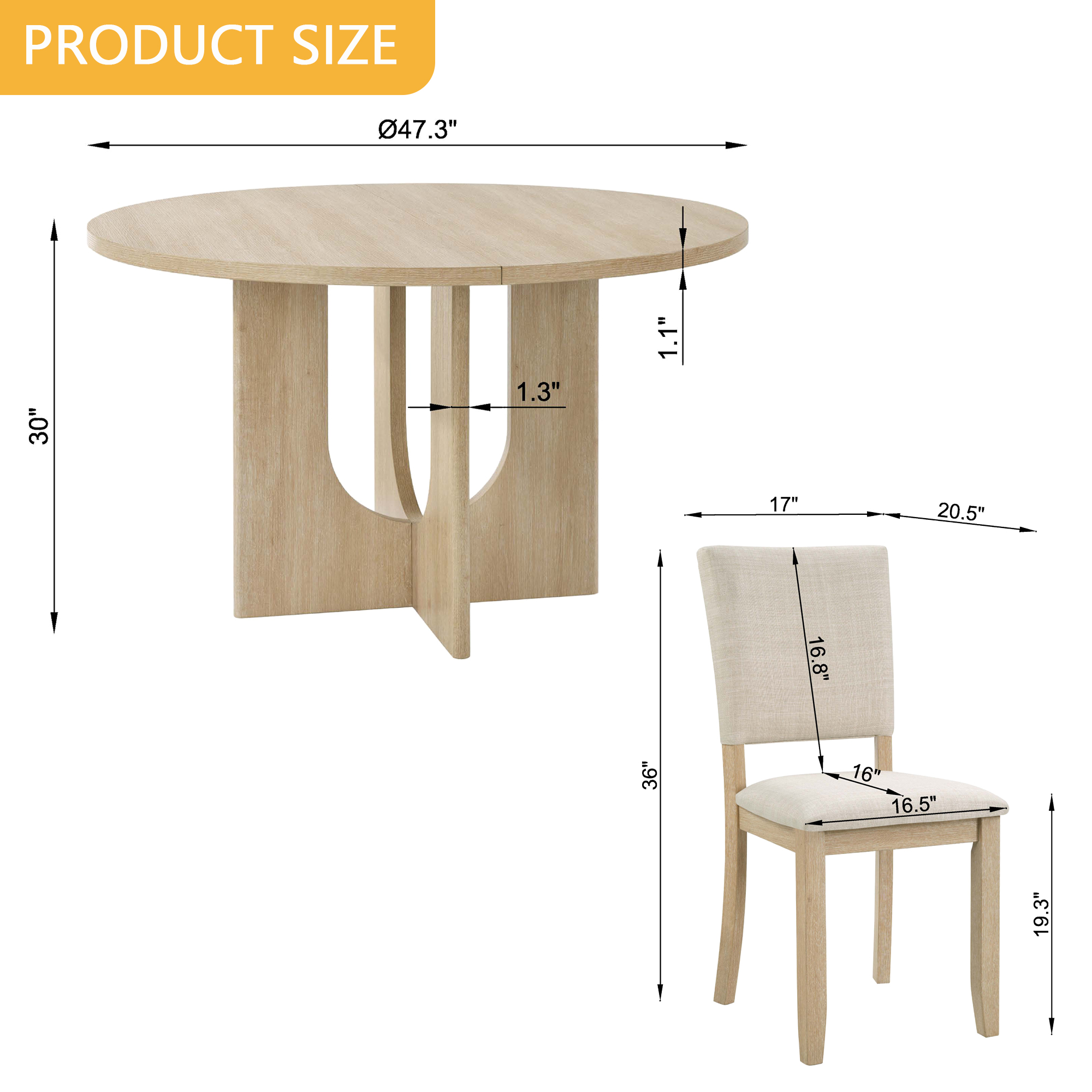 47.3" Round Dining Set with 4 Upholstered Dining Chairs, Modern Round Dining Table Set for 4, 5-Piece Round Dining Table Set for Living Room, Kitchen, Light Oak & Beige — foto 8