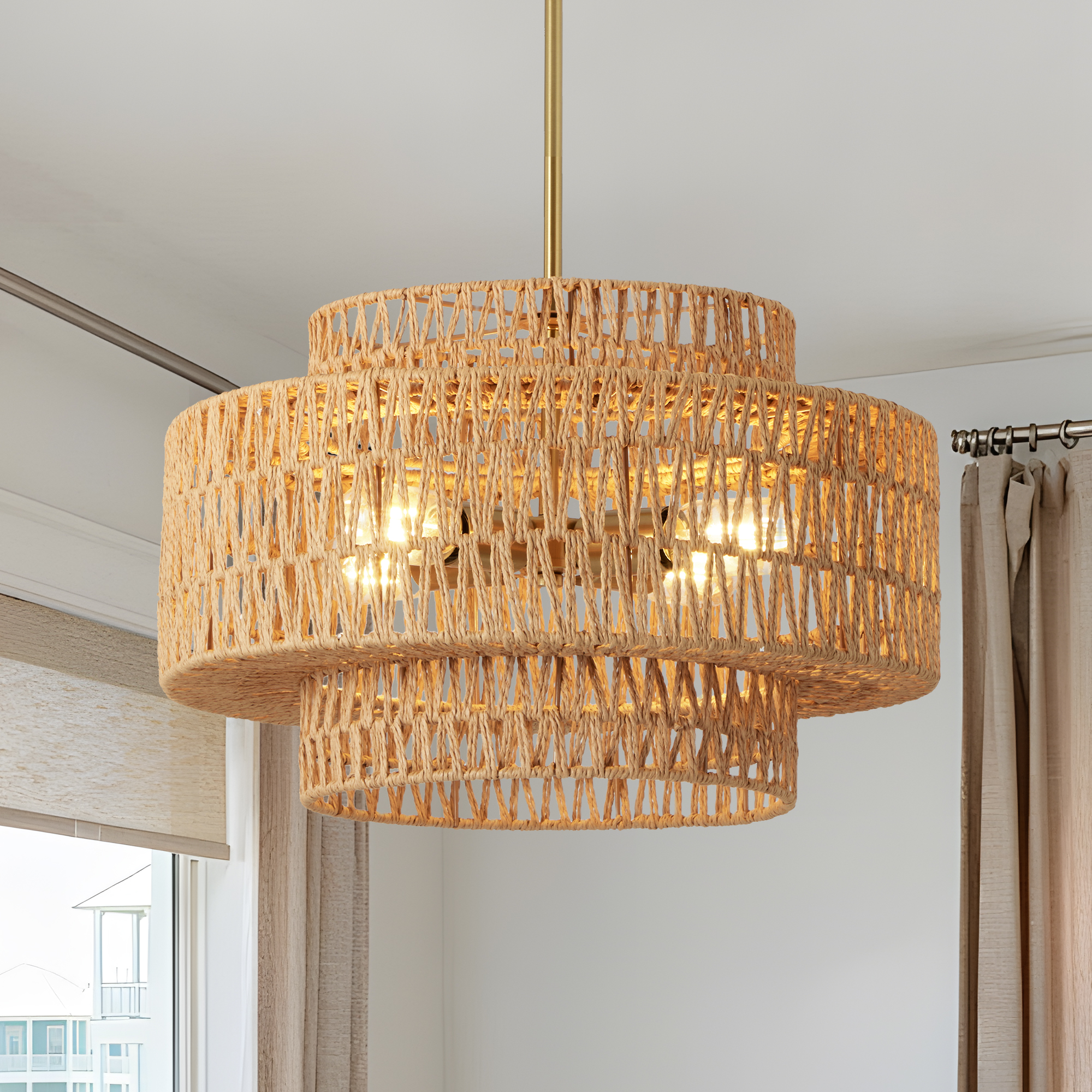 17.7" Boho Rattan Chandelier for Dining Room Light Fixture, 4-Light Hand Woven Wicker Pendant Light Fixture, Farmhouse Rustic Hanging Chandelier for Dining Room, Kitchen Island, Living, Bedroom — foto 2