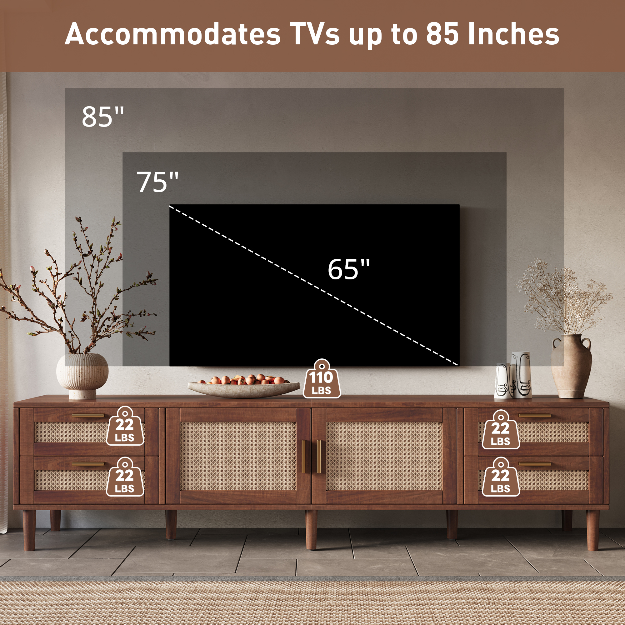78 Inch TV Stand for TVs up to 85 inch, Media Console with 4 Drawers, Solid Wood Legs, Soft Closing Hinges, for Living Room, Modern Entertainment Center — foto 8