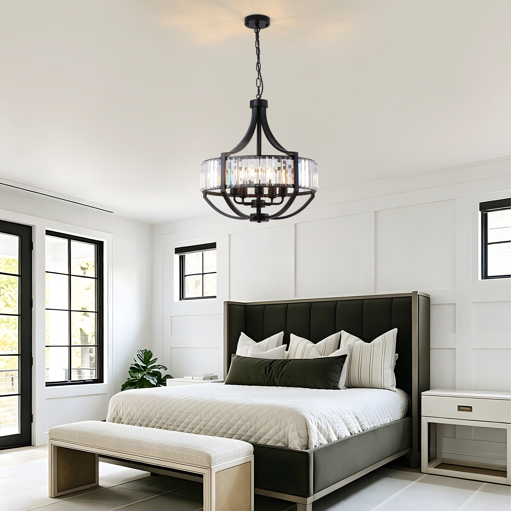 20" Modern Farmhouse Crystal Chandeliers for Dining Room, 5-Light Black Antique Pendant Chandelier, Contemporary Hanging Light Fixture for Living Room Bedroom Foyer Kitchen Island Entryway 2