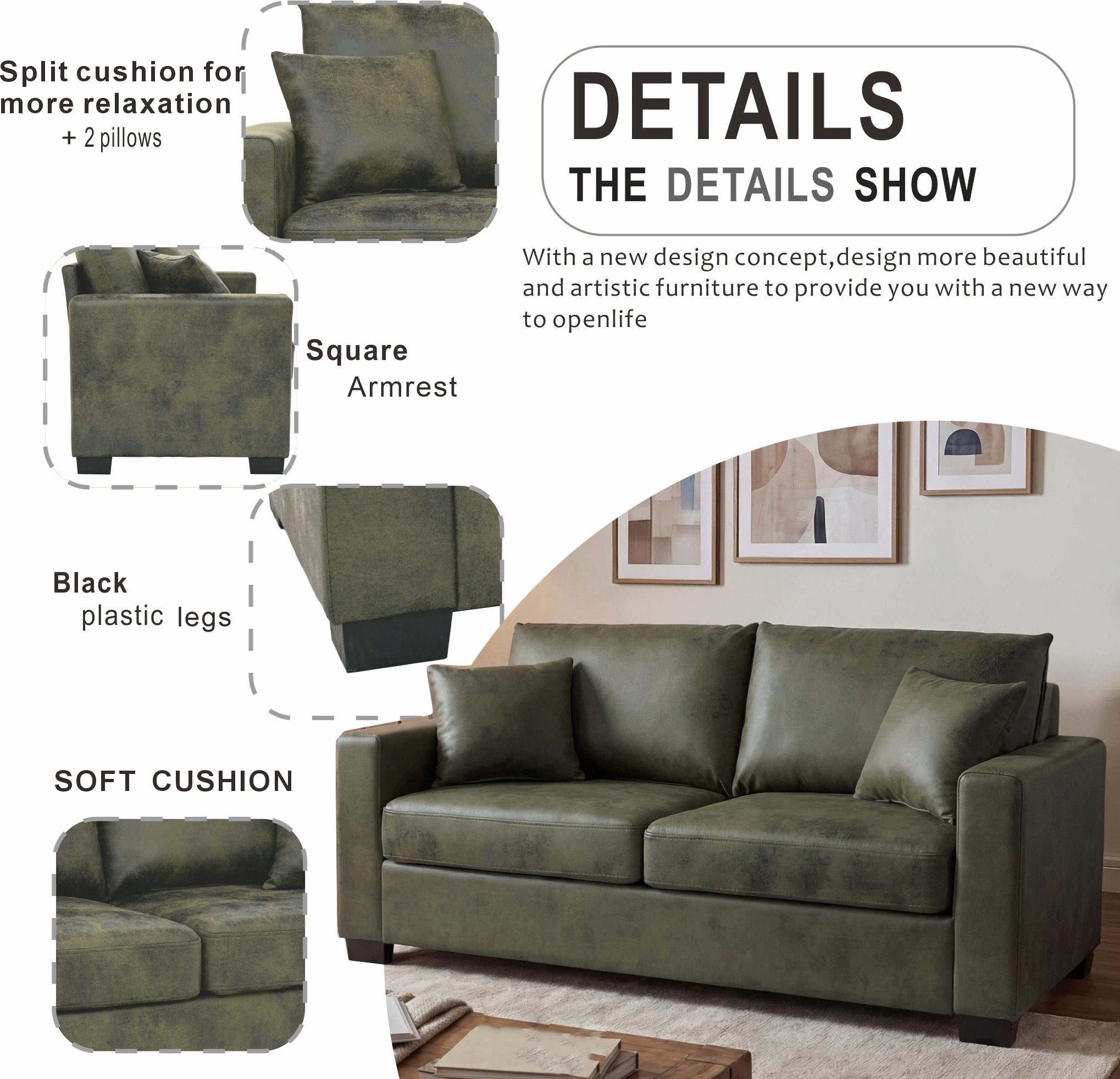 This 69-inch two-seater sofa features a Foil fabric and comes with two throw pillows, offering a comfortable seating experience suitable for any setting. — foto 2