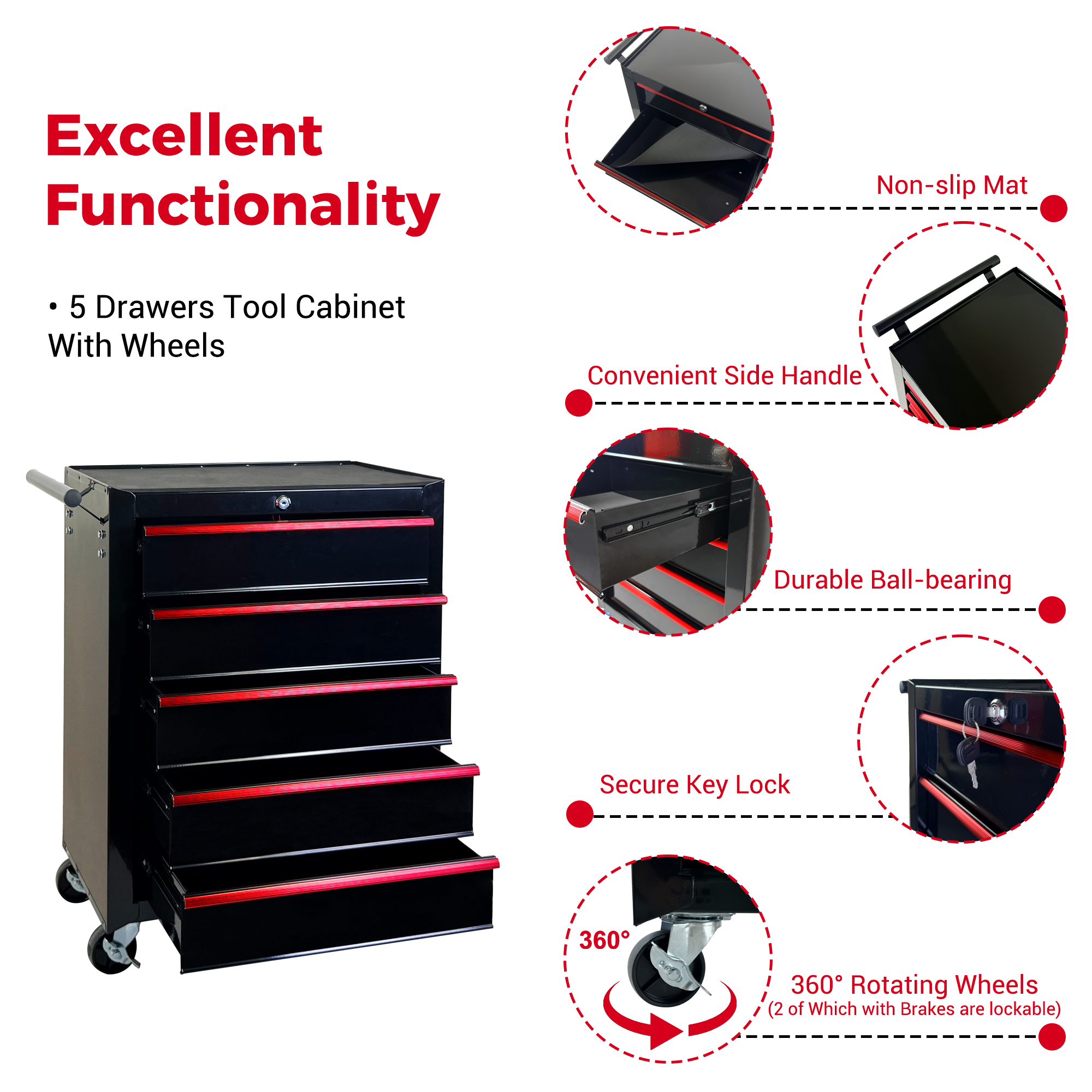 Rolling Metal Tool Chest with 5 Drawers, 20" 5-Drawer Tool Chest Cabinet with Ball Bearing Drawer Slides, Steel Tool Storage Box Organizer -BLACK — foto 5