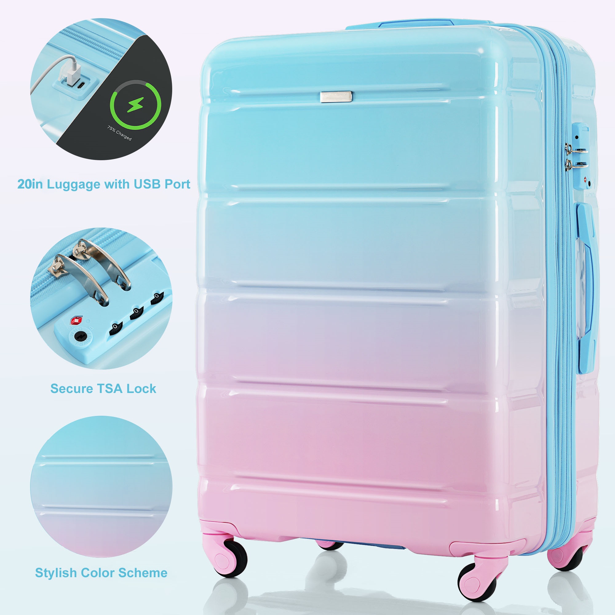 Luggage Set of 3, 20-inch with USB Port, Airline Certified Carry-on Luggage , ABS+PC Hard Shell Luggage with Spinner Wheels, light blue and pink 4