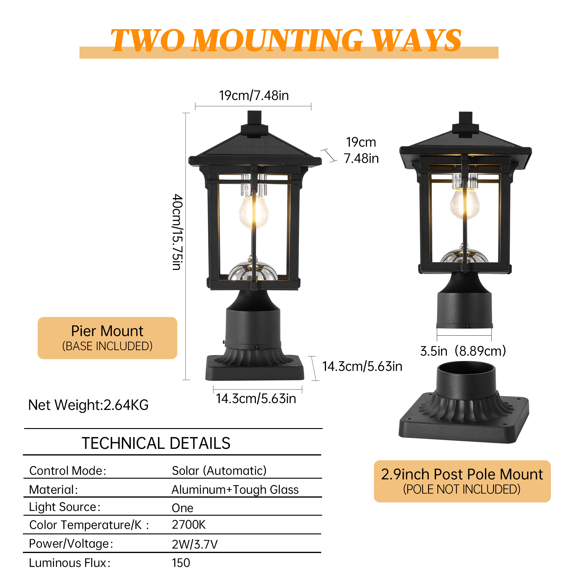 Solar Post Light Outdoor, Dusk to Dawn Post Lamp Solar Powered with Pier Mount Base for Pole Pillar Gates Yard Garden Pathway — foto 3
