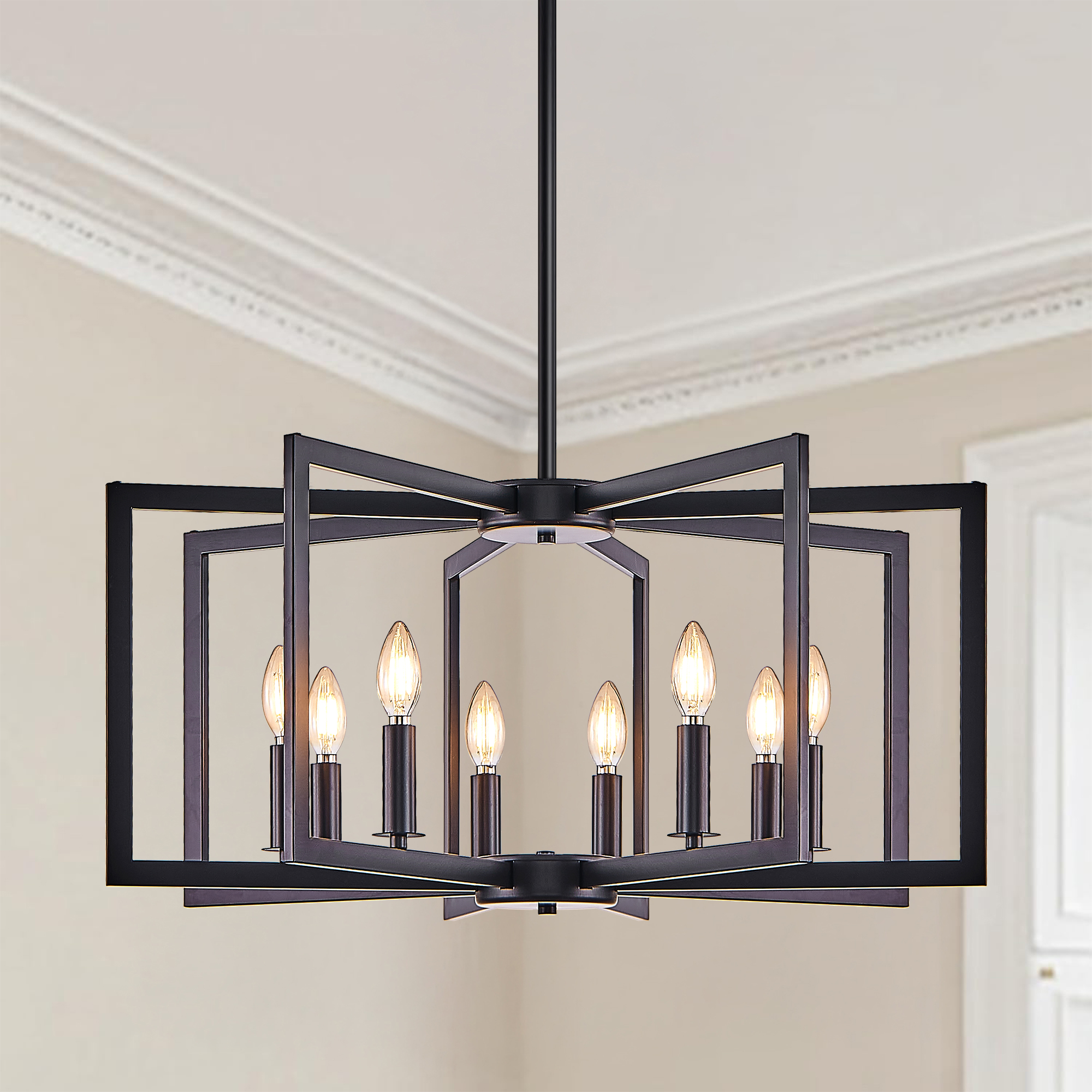 27" Modern Black Geometric 8-Light Chandelier – Industrial Metal Pendant Light Fixture for Living Room, Dining Room, or Kitchen (Bulb Not Included) — foto 3