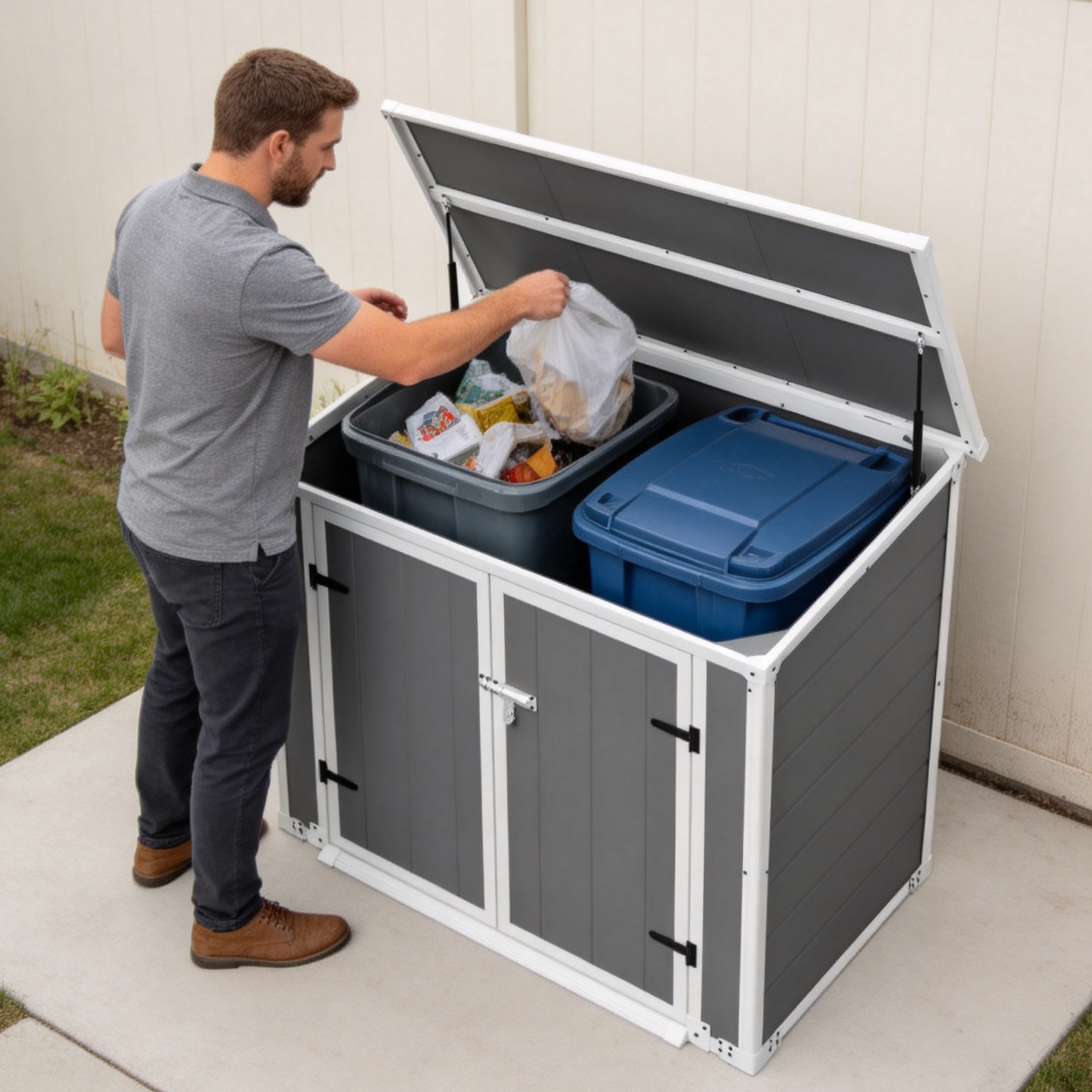 Horizontal Outdoor Storage Shed with Ramp & Hydraulic Lid, Lockable Waterproof Storage Cabinet for Trash Cans, Tools & Firewood — foto 2