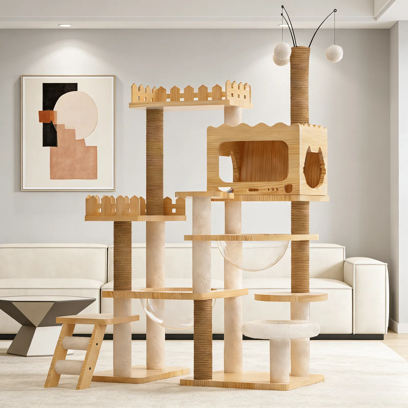 66.9" Modern Cat Tower, Wood Tree Tower
