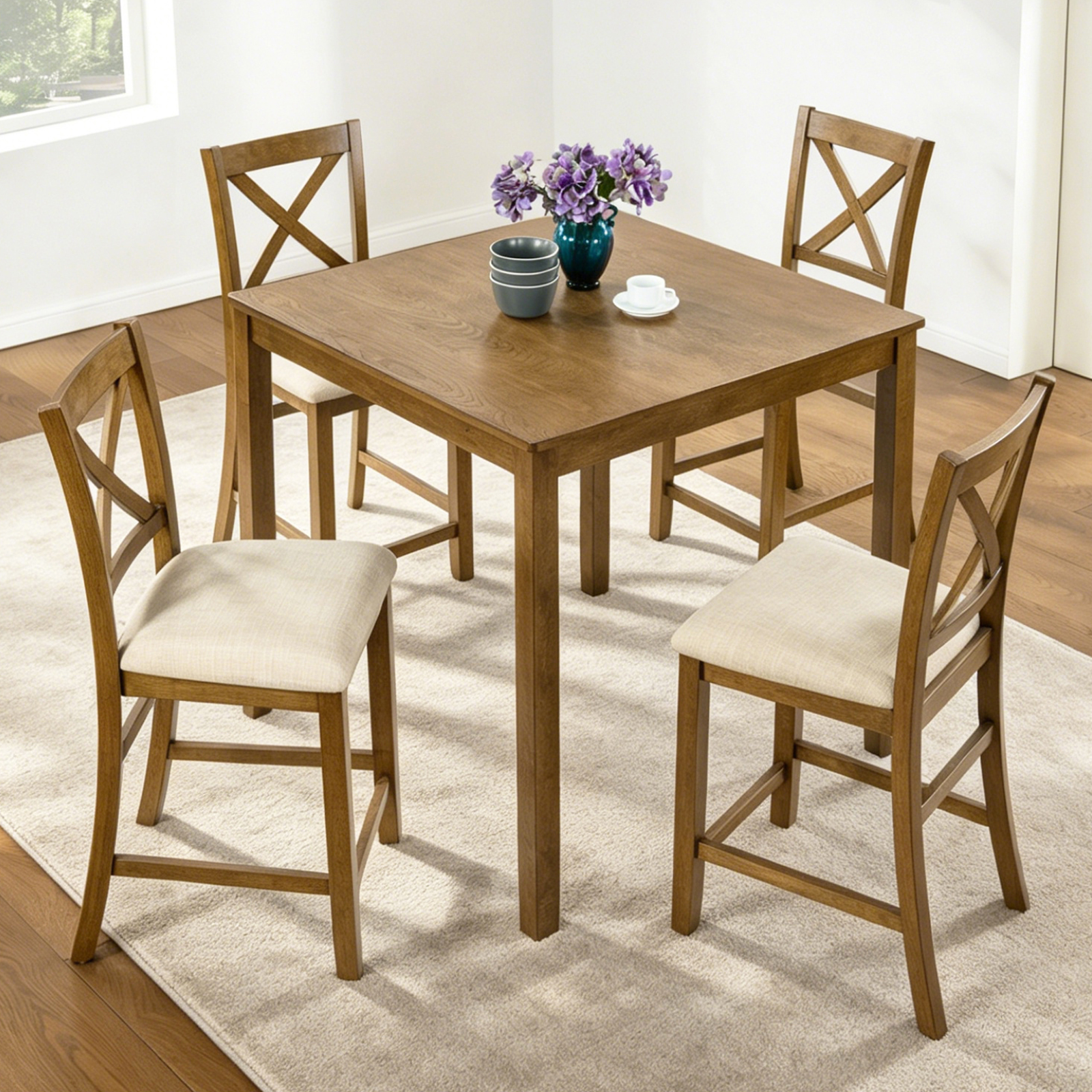 Oak Finish 5-Piece Counter Height Dining Set – Square Table & 4 X-Back Chairs, Solid Wood Frame, Waterproof Surface, Easy Assembly – Perfect for Small Spaces, Kitchen, Apartment or Breakfast Nook — foto 3
