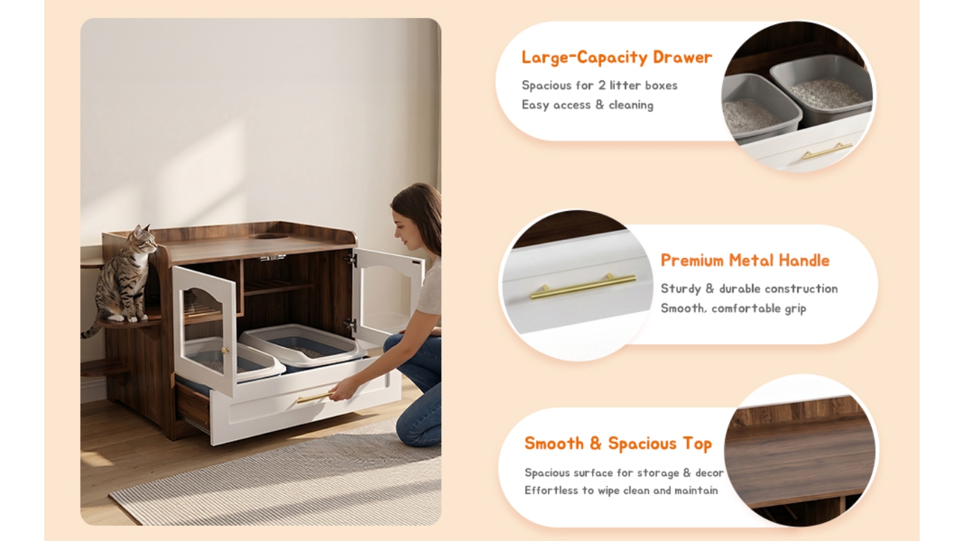 Cat Litter Box Enclosure Furniture, Dog Proof Hidden Litter Box Cabinet with Acrylic Door, Extra Long Runway & Drawer, Cat Play Area for Indoor Cats detail photo 3