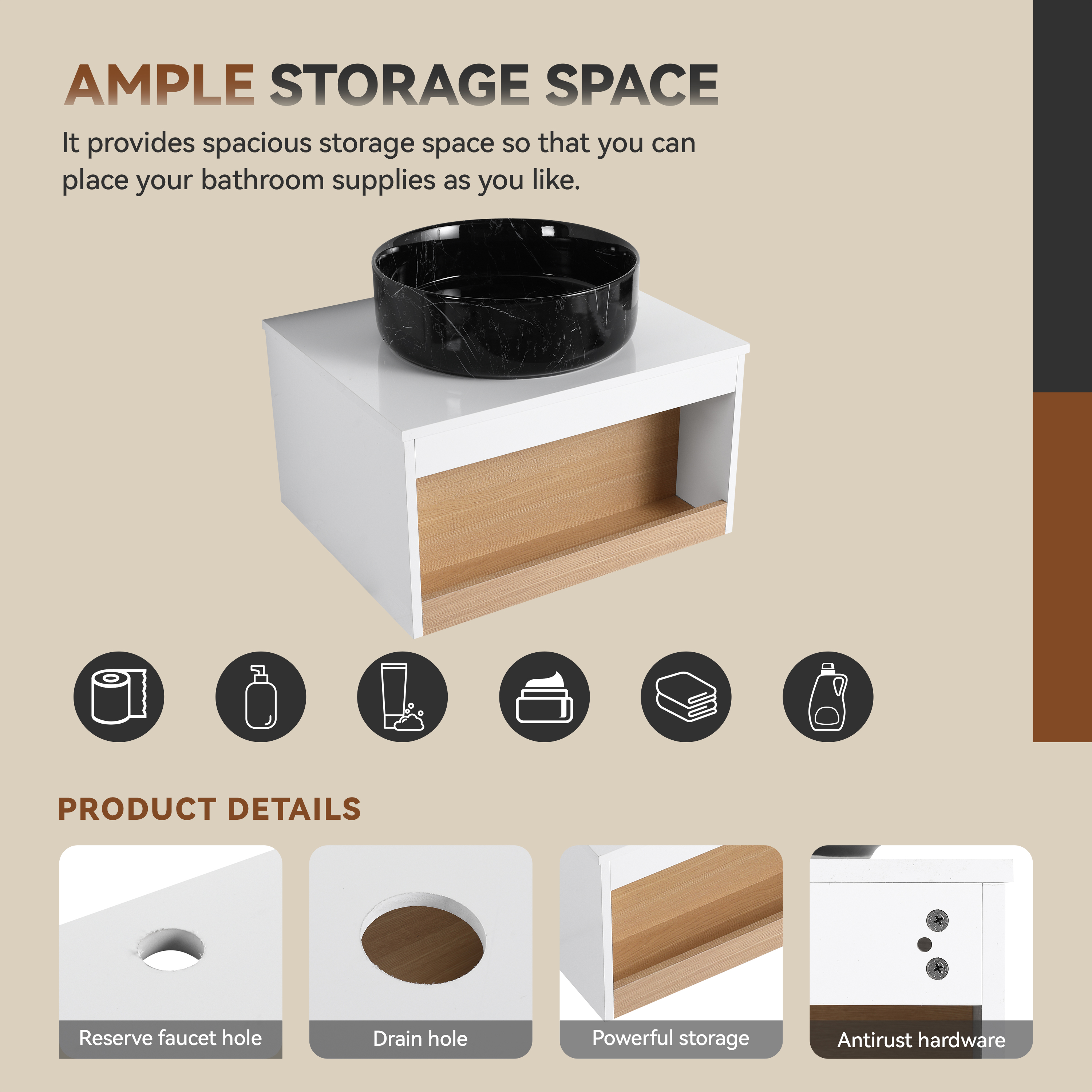 24" Floating Bathroom Vanity with Black Marble Vein Vessel Sink, Wall-Mounted Vanity with Open Shelf Storage, White Finish with Wood Accent