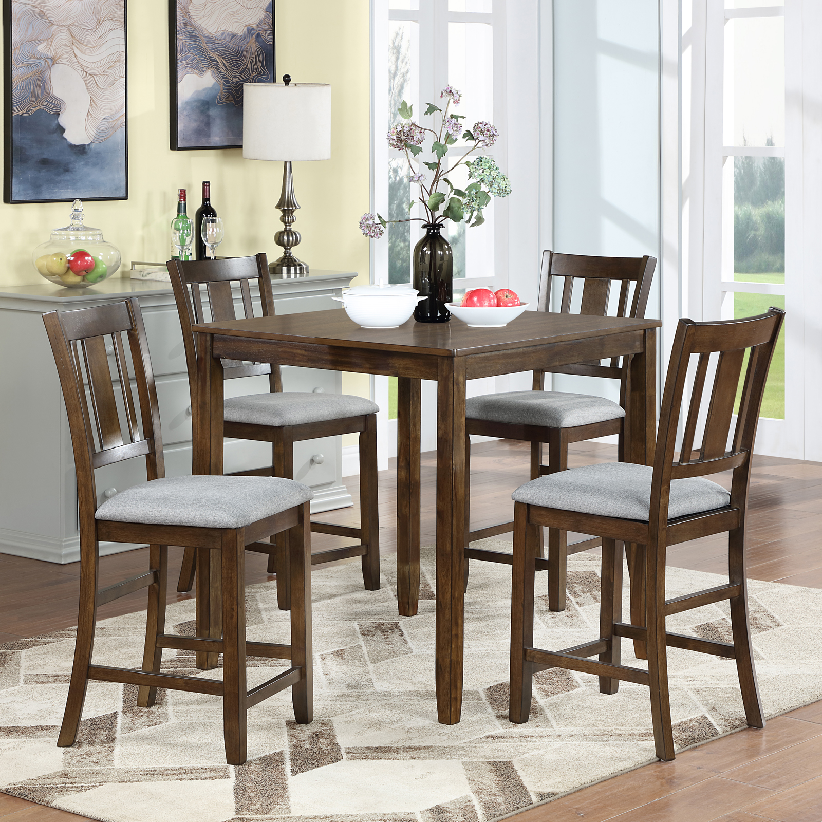 Wooden Dining Square Table, Kitchen Table for Small Space, 4 Person Counter Height Table, Walnut ONLY THE TABLE 4