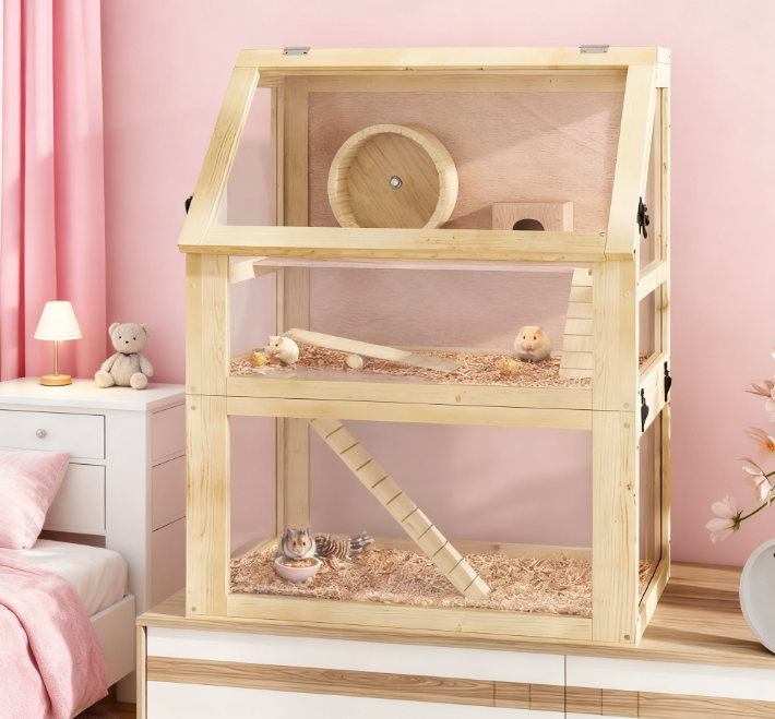 3 Tier Wooden Hamster Cage w/ Detachable Bottom, 24" x 16" x 29.5"
