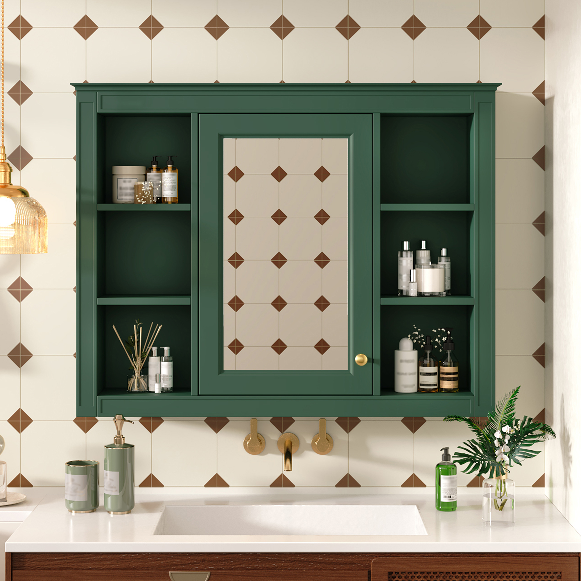 35'' x 28'' Medicine Cabinet, Wall Mounted Bathroom Storage Cabinet, Modern Bathroom Wall Cabinet with Mirror, Mirror Cabinet with 6 Open Shelves (Not Include Bathroom Vanity )